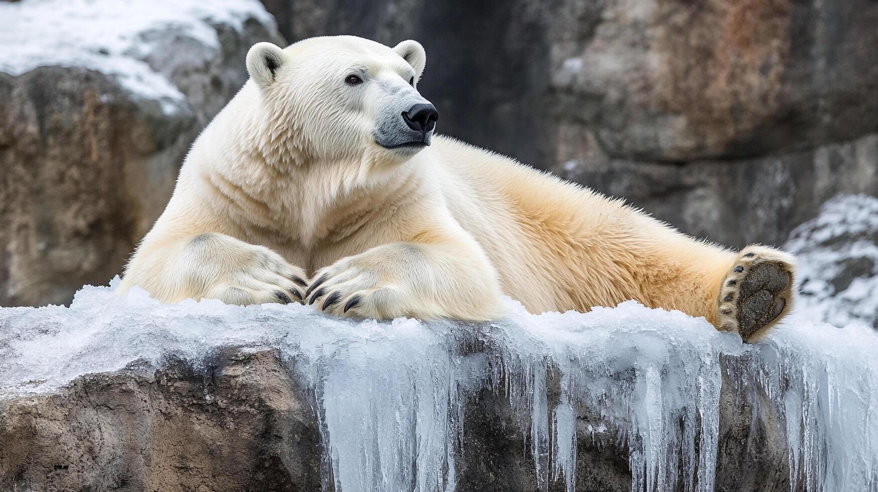 A serene polar bear rests on a frosty ledge with icicles, its white fur contrasting against the cool backdrop. A moment of Arctic tranquility. photo