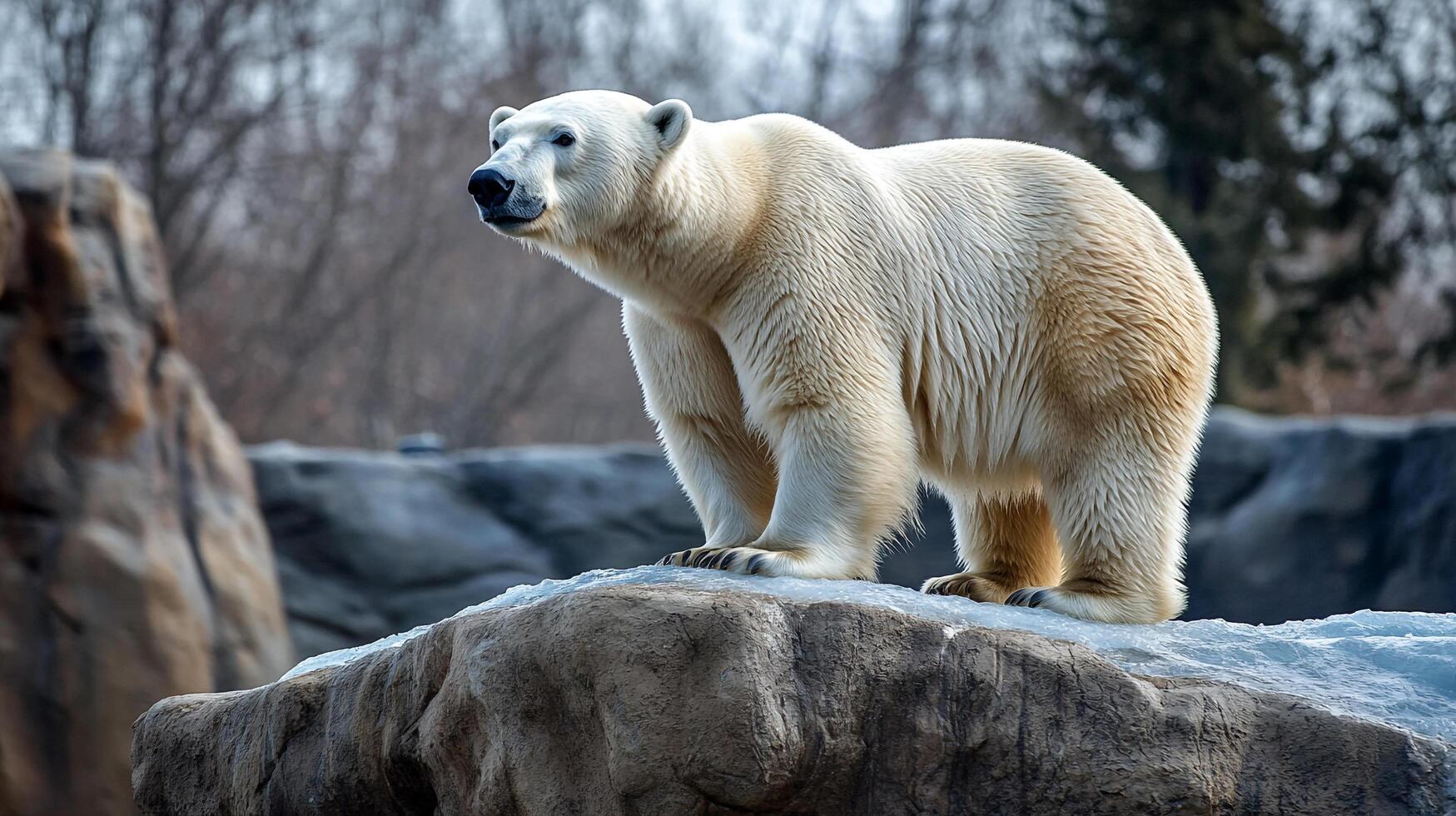 A majestic polar bear stands atop a rocky outcrop, surveying its surroundings in a stark, wintry landscape. The powerful mammal is white. photo