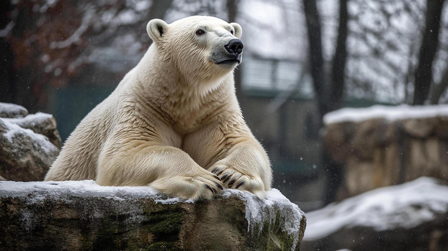 Majestic polar bear resting regally on a snowy rock, its gaze fixed on the horizon. Winter scene emphasizing size, power, and resilience. photo