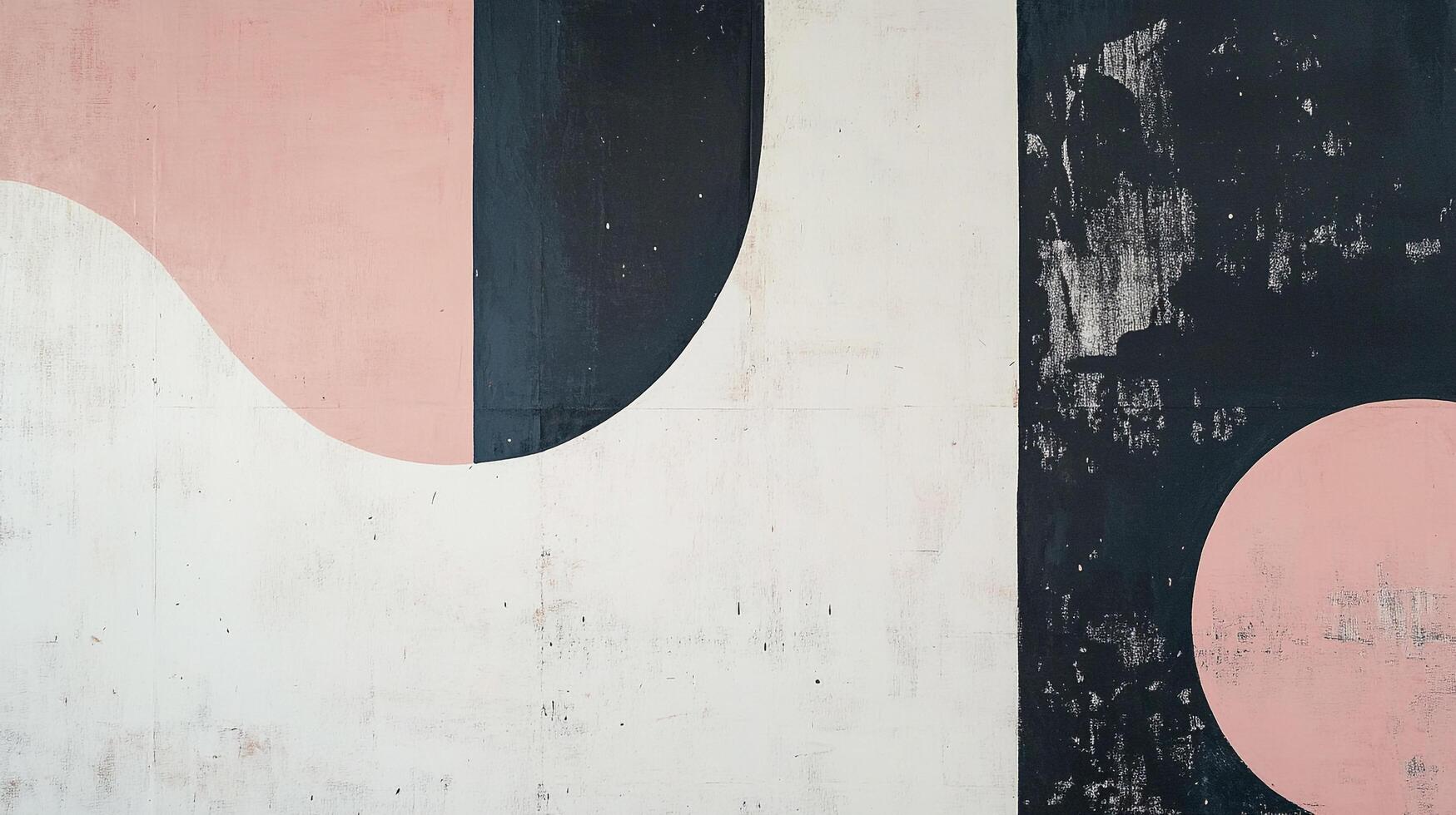 Abstract painting with geometric shapes. pink semicircle and rectangle, and black semicircle and rectangle on a white distressed background. photo