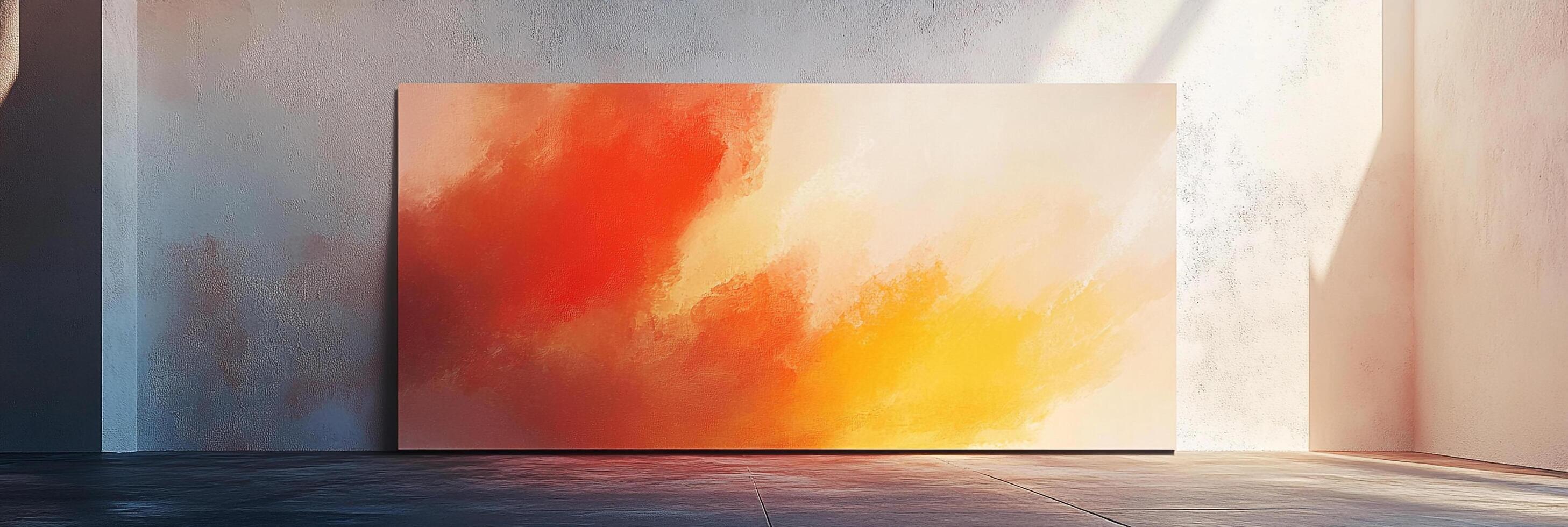 Abstract artwork with vibrant colors leans against a textured wall in a bright, minimalist space, adding a touch of warmth and creativity. photo