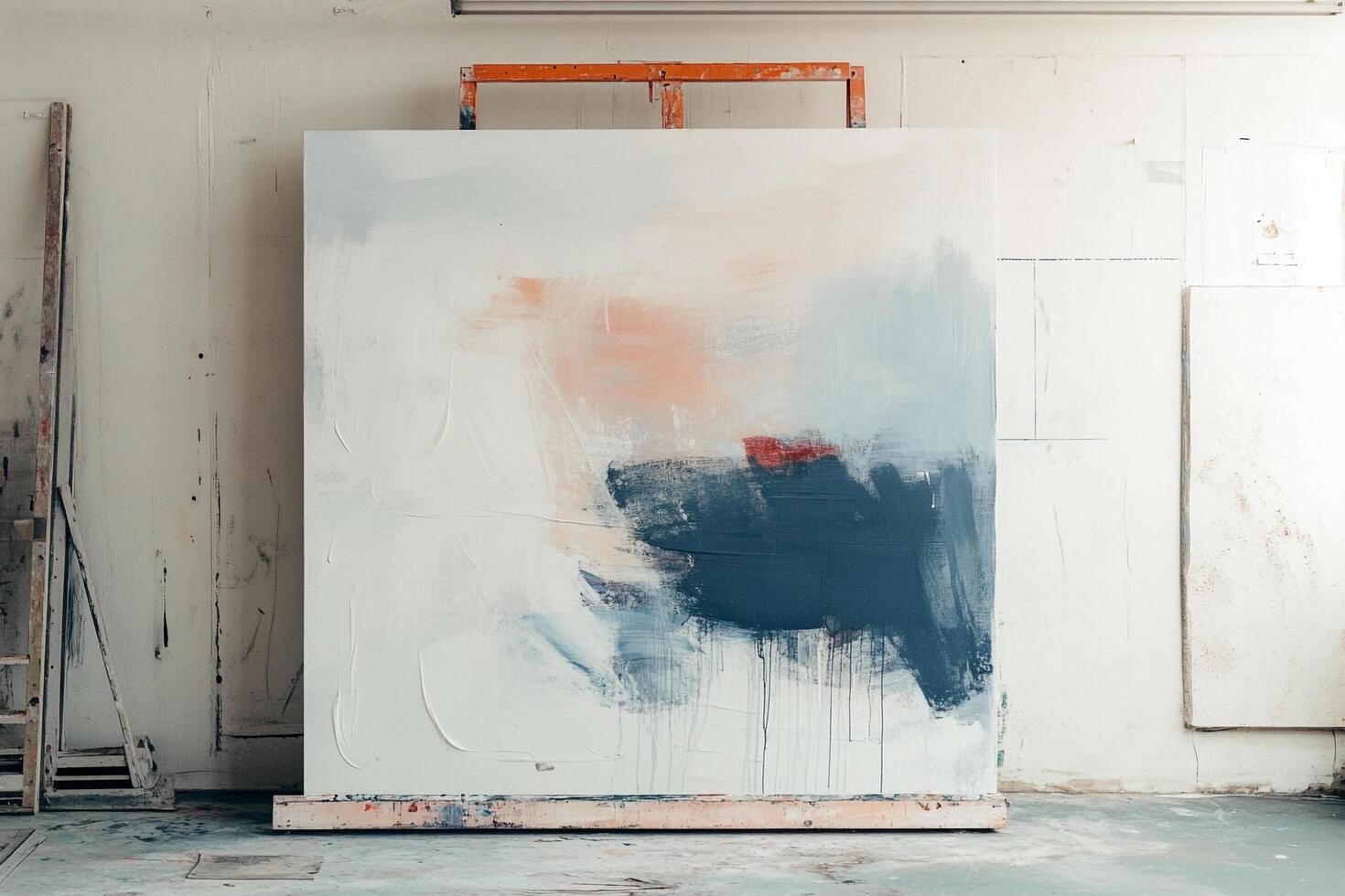 Abstract art piece featuring white background with dark blue and light red and orange paint. Soft brushstrokes and drip art present. photo