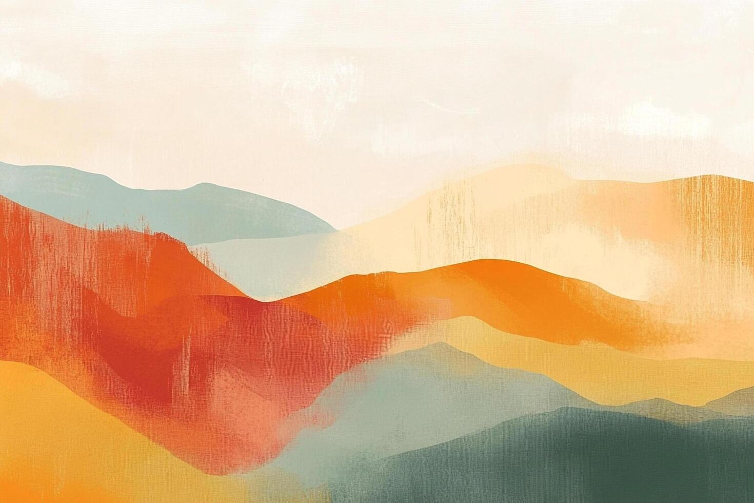 Abstract landscape painting depicting rolling mountains in warm tones with cool undertones, evokes a sense of tranquility and expansiveness. photo