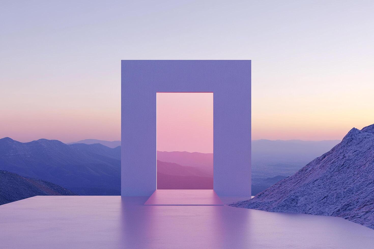 A square portal offers a glimpse of a pastel mountain range at sunset, blending art with the beauty of nature in serene harmony. photo