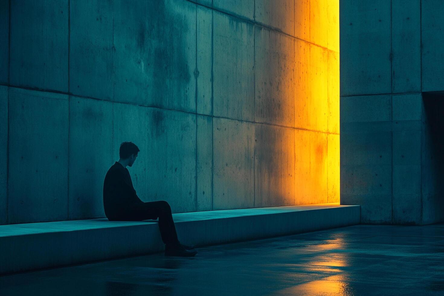 A solitary figure sits contemplatively in a minimalist space, bathed in contrasting light and shadow. Concrete textures add depth. photo