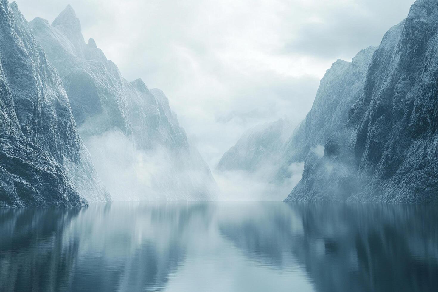 Misty mountains and still waters create a serene, ethereal landscape, evoking tranquility and the raw beauty of nature's untouched spaces. photo