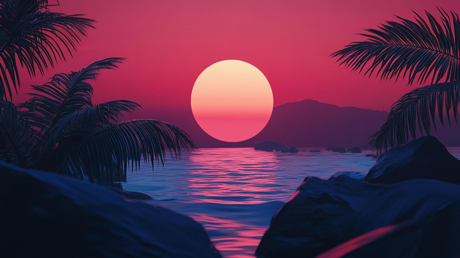 Retro sunset over tropical water with palm trees and dark rocks in foreground. Vibrant pink, orange, and blue color palette creates a serene mood. photo