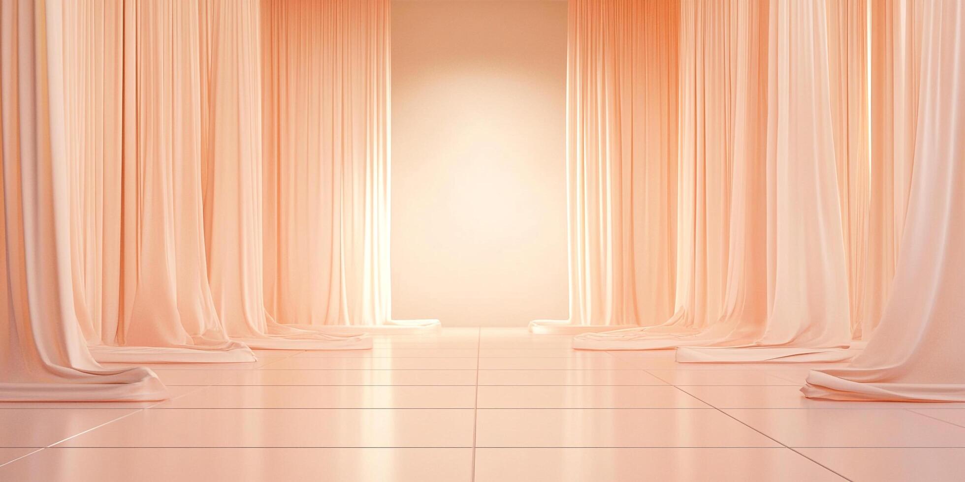 Elegant peach curtains frame a serene, brightly lit space, offering a sense of calm sophistication and architectural beauty. photo