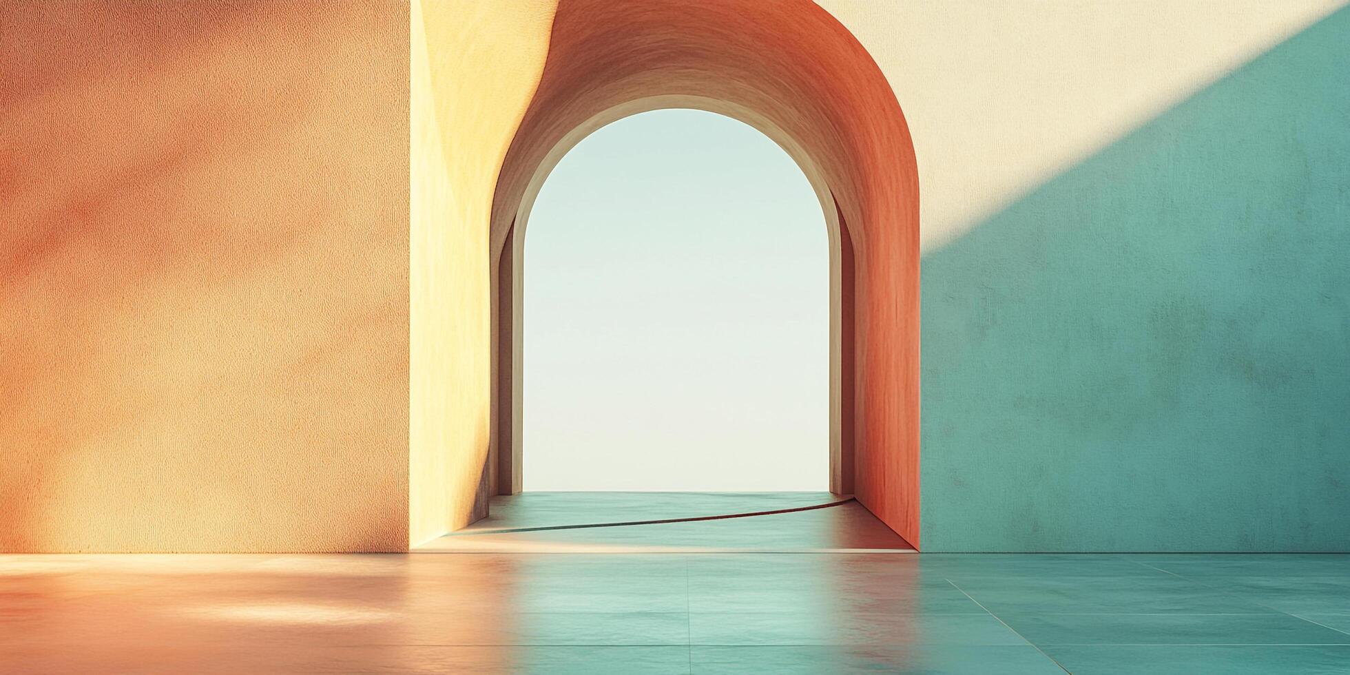 Minimalist arched doorway framing bright light. Warm and cool colors create a tranquil, serene space. Modern and architectural lines. photo