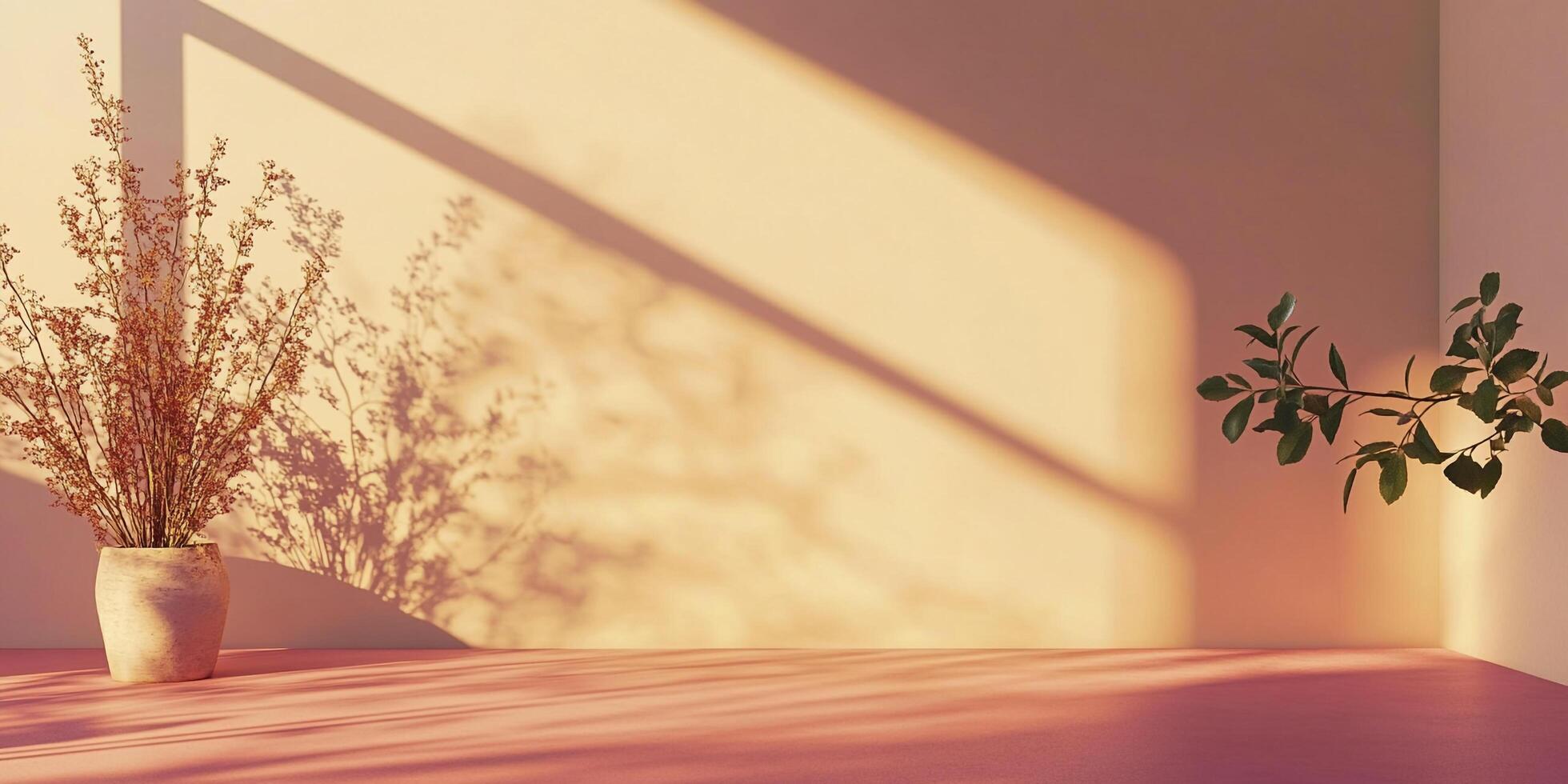 Sunlit interior with dried flower arrangement and leafy branch casting shadows on a cream-colored wall, creating a warm, inviting ambiance. photo