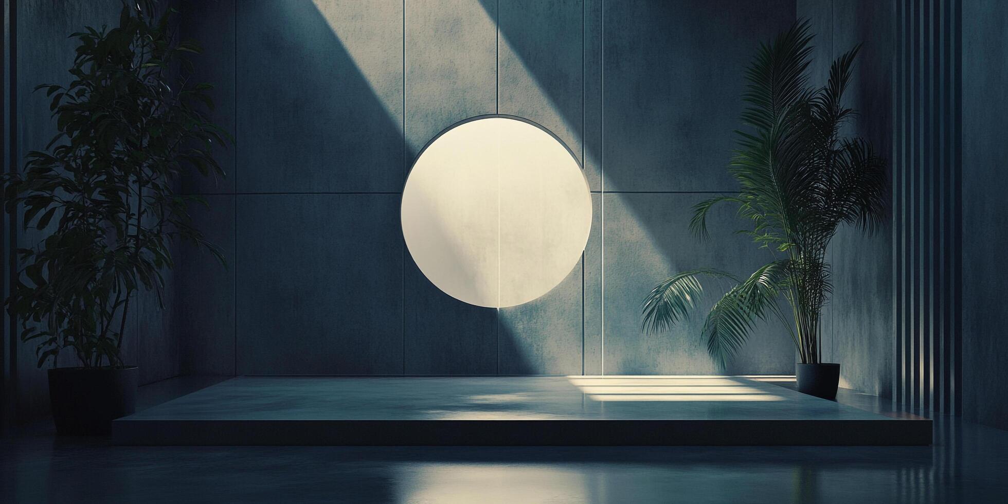 A minimalist interior with plants and a large circular art piece bathed in natural light creating a serene and contemporary space. photo