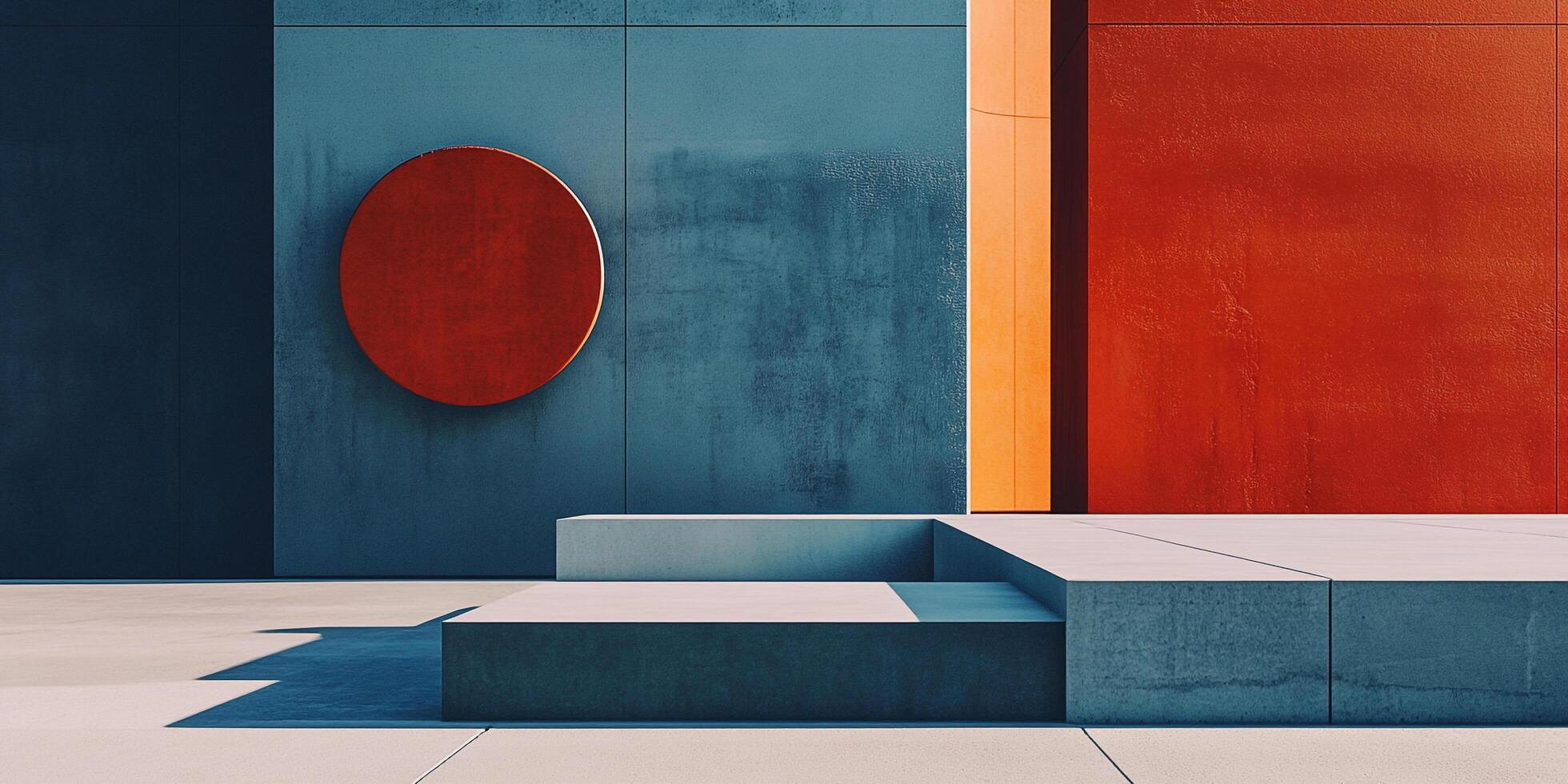 Architectural composition featuring geometric shapes and vibrant colors. Concrete steps lead to colorful walls with a bold red circle. photo