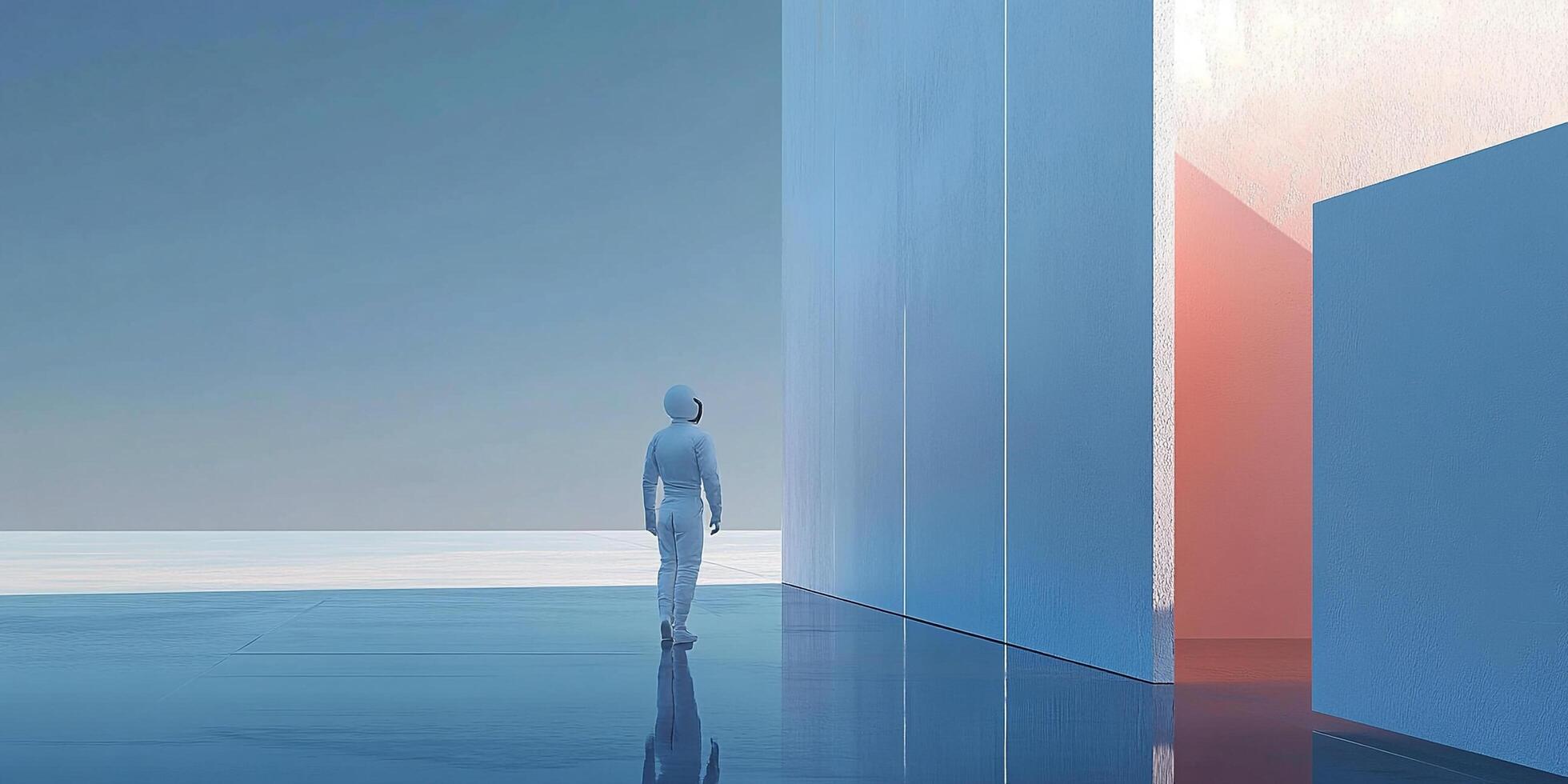 Astronaut explores a minimalist, surreal landscape with geometric shapes and pastel hues, creating a sense of wonder and isolation. photo