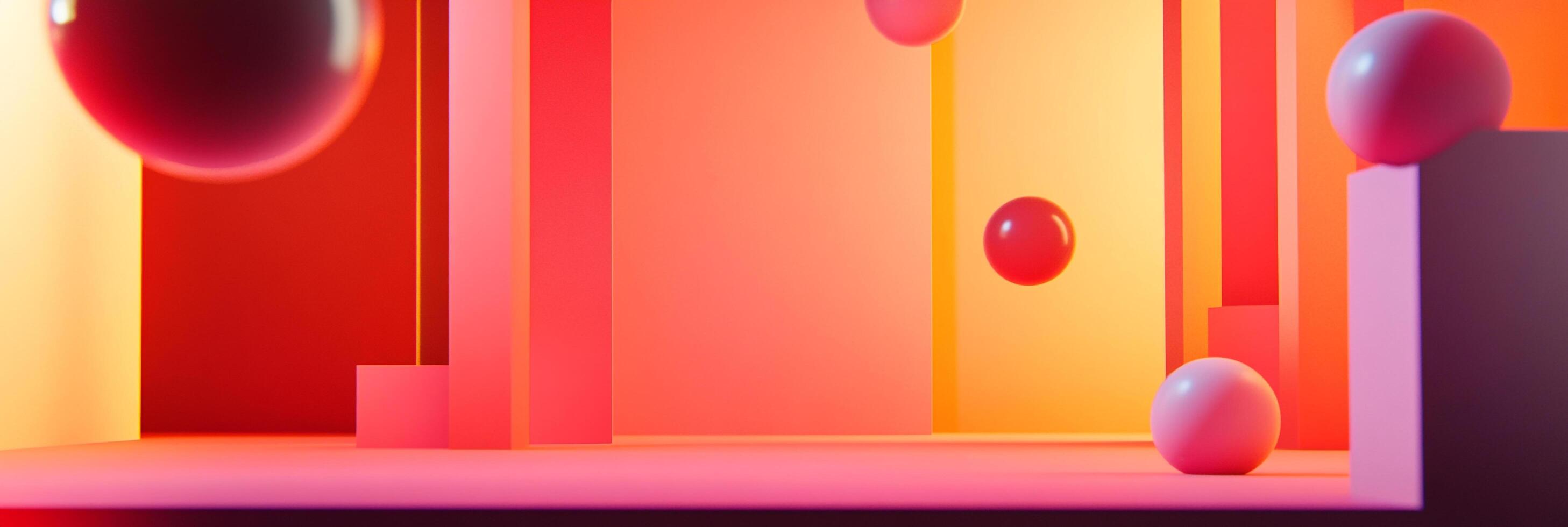 Abstract still life featuring spheres and geometric shapes in warm, vibrant colors, creating a dynamic composition with a playful feel. photo