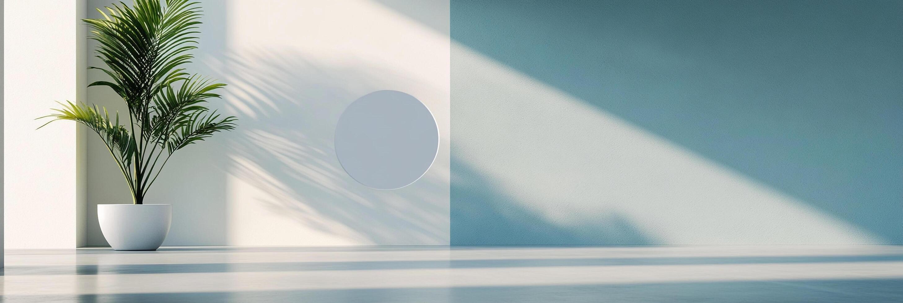 Minimalist interior featuring a potted palm, soft lighting, and a round wall accent against a serene blue backdrop, emphasizing simplicity. photo