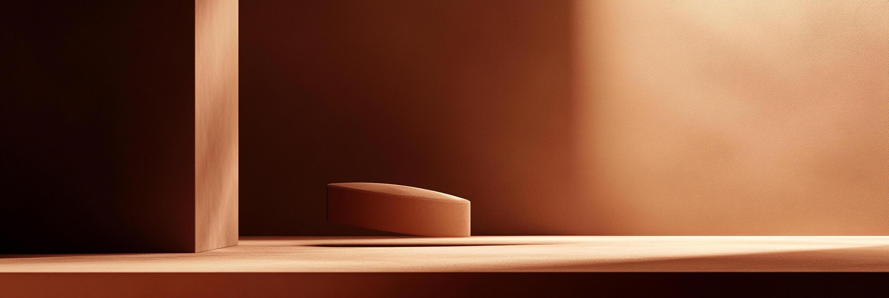 Minimalist product display platform with warm terracotta tones, stark geometric shapes, and soft shadows for a natural aesthetic. photo