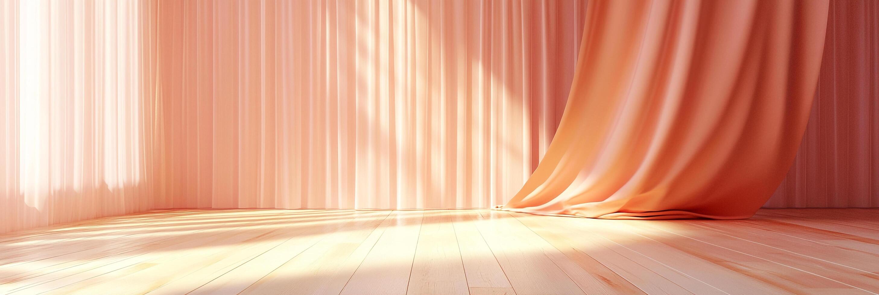 Soft light filters into a room, highlighting the gentle curves of a peach-colored curtain, creating a serene and inviting atmosphere. photo