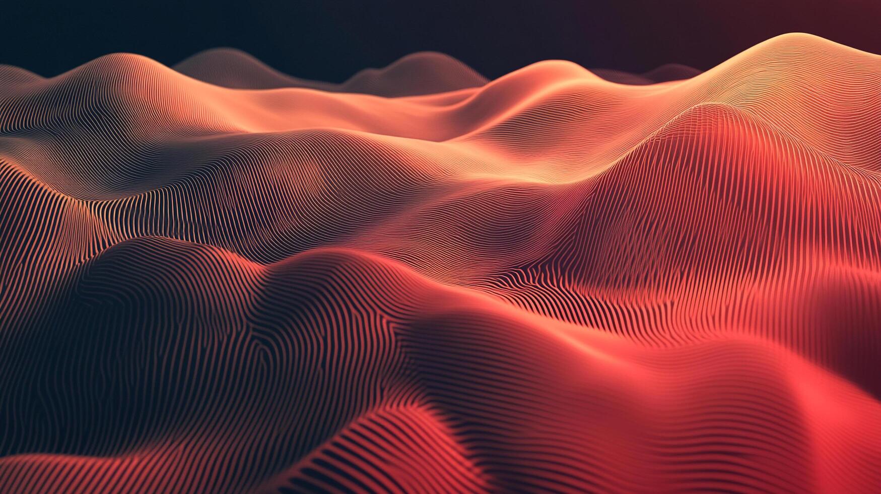 Abstract landscape with undulating, ridged formations in warm, vibrant colors evoking dunes or flowing textiles. Visual texture in soft lighting. photo