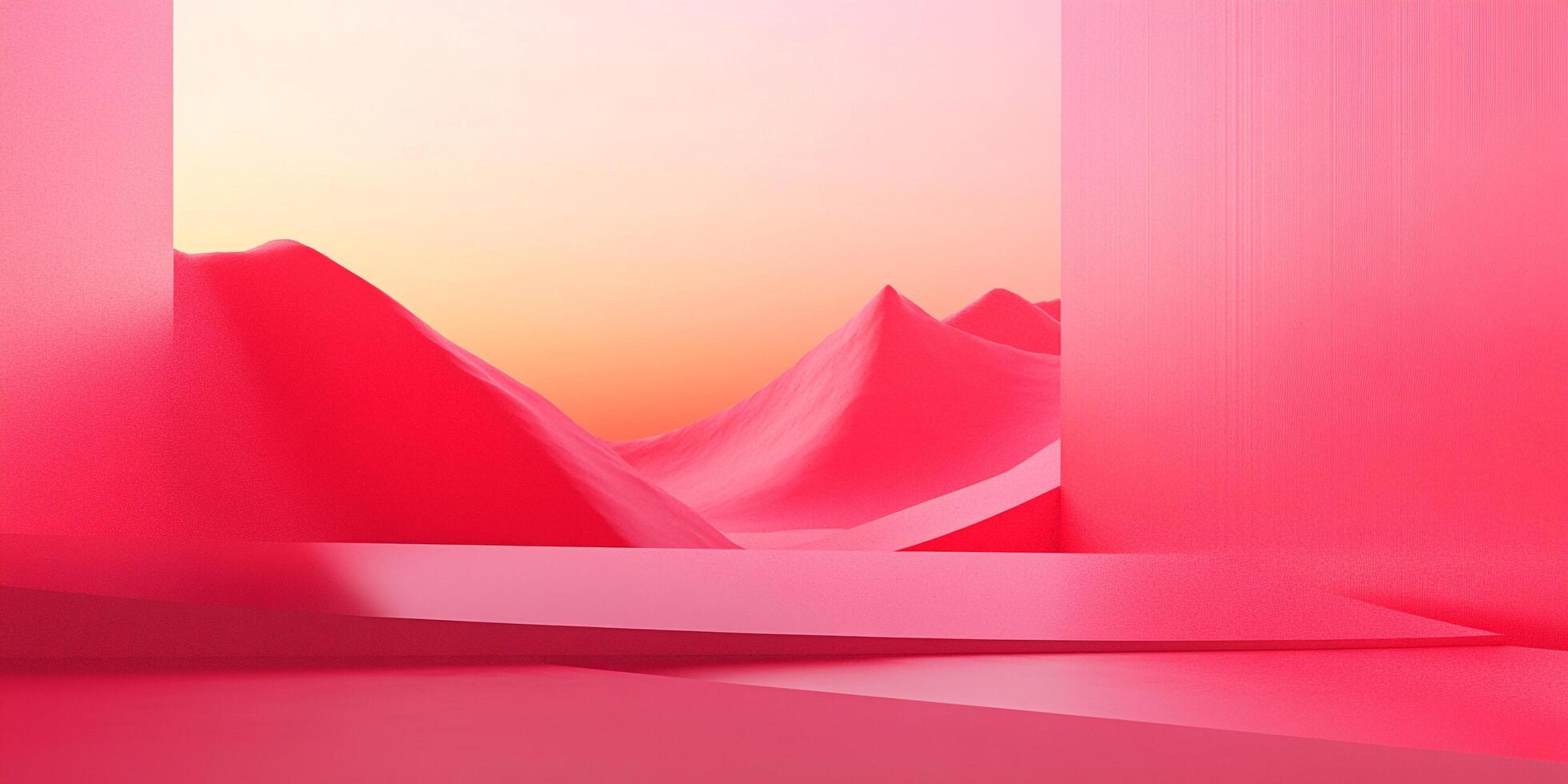 Minimalistic studio setup with pink foreground elements, showcasing pink dunes under a gradient orange sky. Great for background visuals. photo