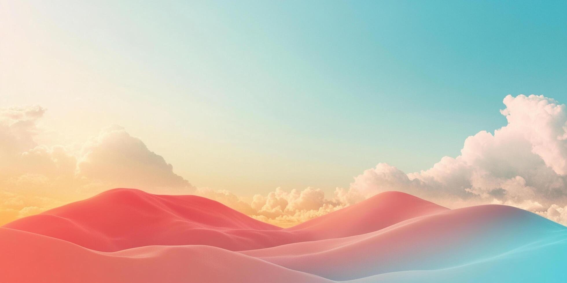 Dreamlike landscape with soft pastel hues, featuring rolling hills and fluffy clouds against a serene sky. Tranquil and otherworldly. photo
