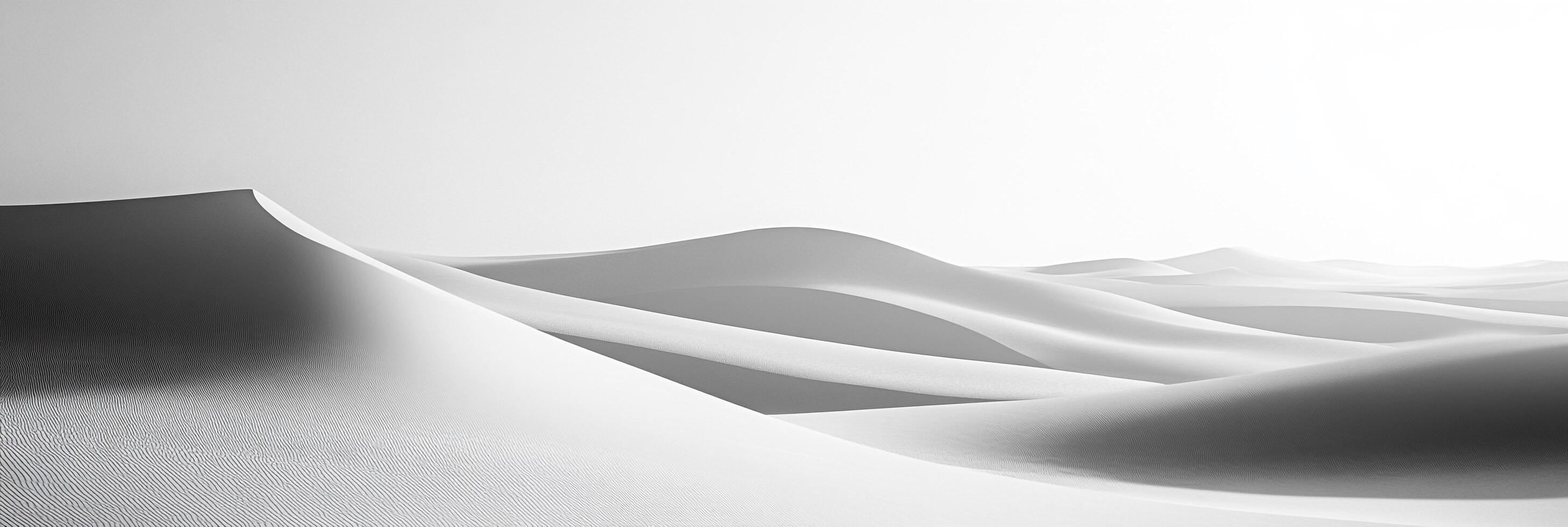 Monochromatic sand dunes undulate gently under a bright sky, creating a peaceful minimalist landscape. Pure desert artistry in monochrome. photo