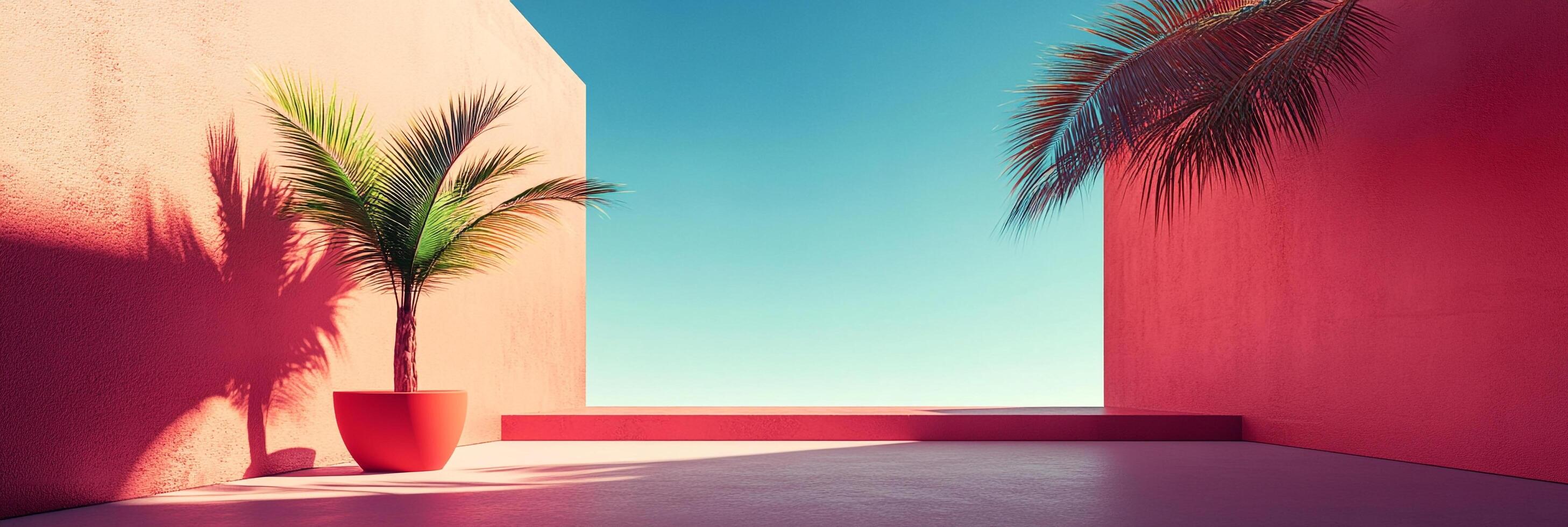 Tropical minimalist scene featuring a palm tree in a colorful walled space under a bright blue sky. Colorful architecture and plants. photo