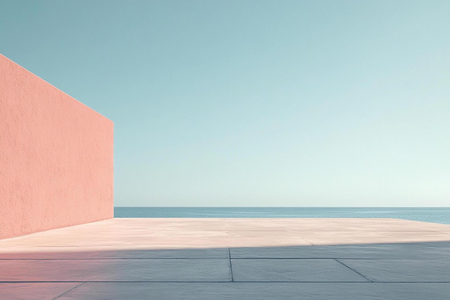 Minimalist coastal vista featuring a salmon wall, concrete terrace, azure sea, and pastel sky in a serene and abstract composition. photo