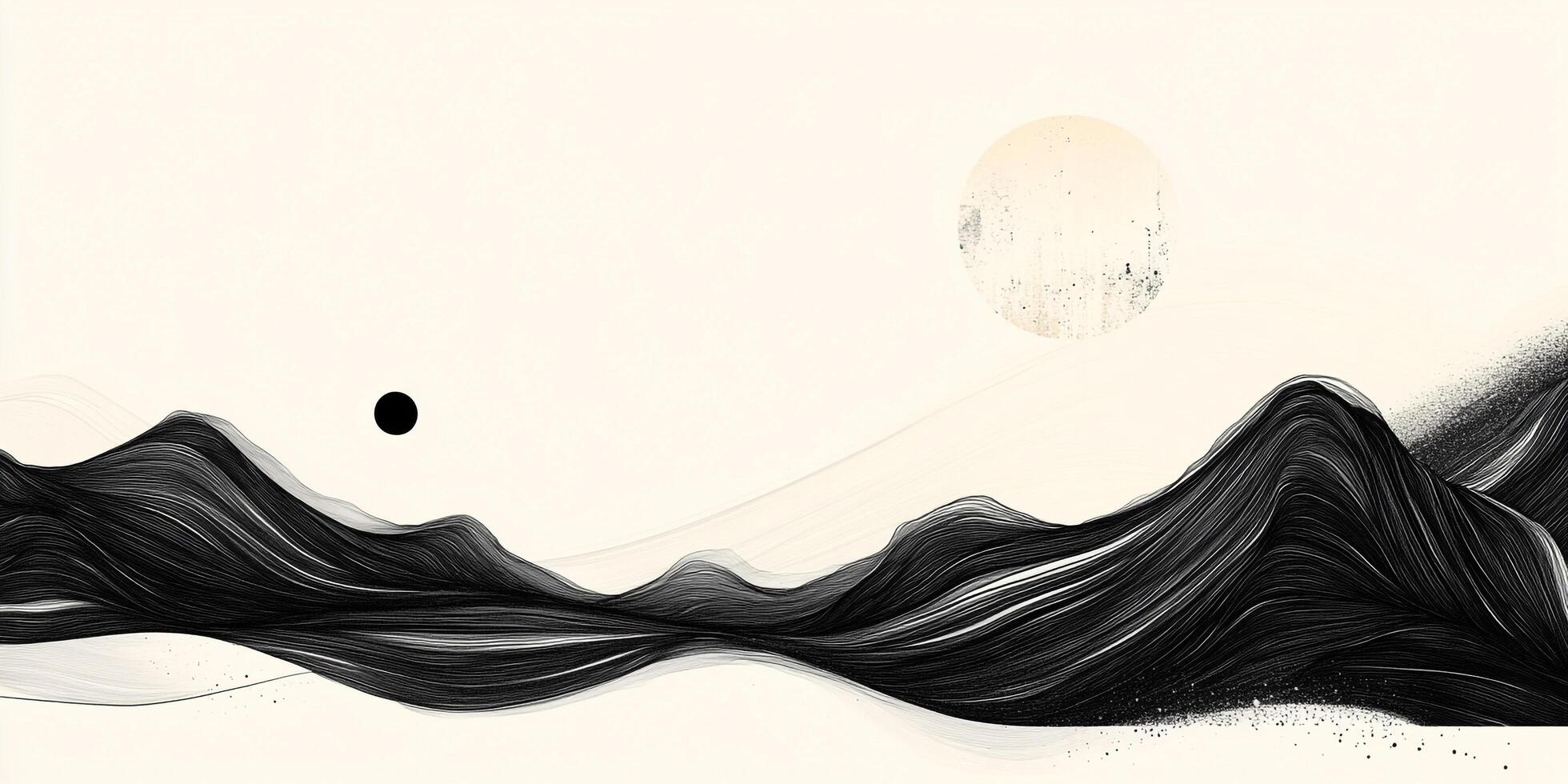Abstract monochromatic landscape with flowing mountains under the moon and a dark planet, created using ink lines and washes. photo