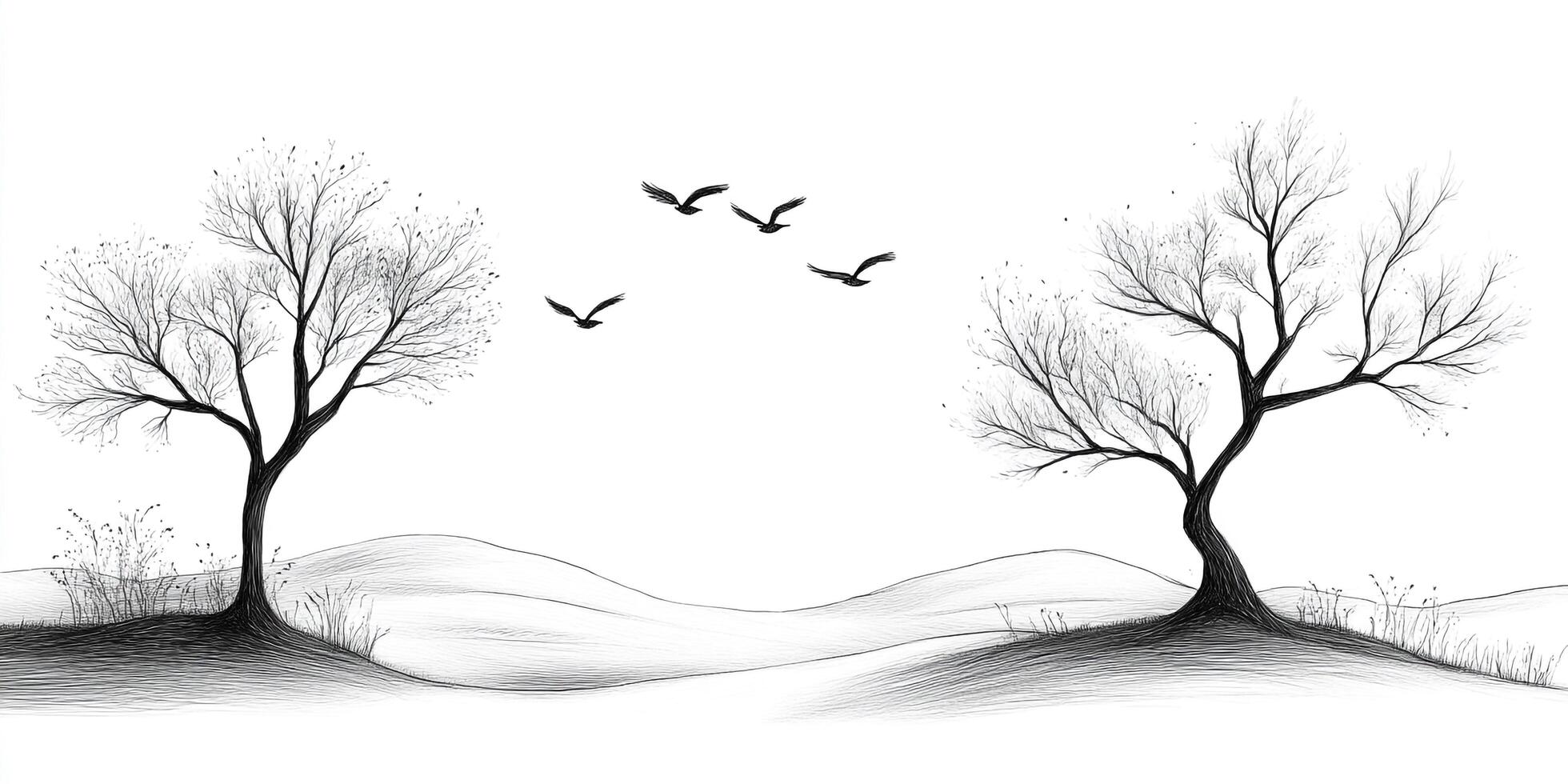 Tranquil monochrome landscape with trees in silhouette against a clear sky and birds in flight in a peaceful, minimalistic scene. photo