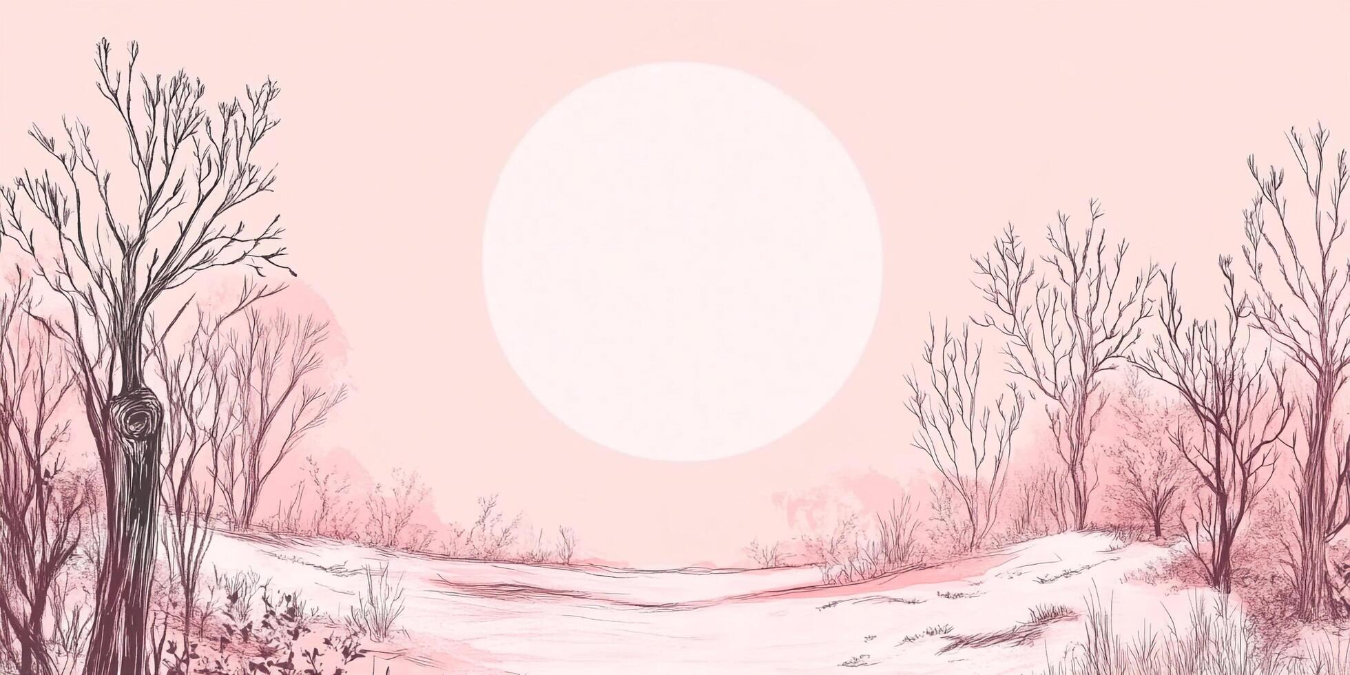 Tranquil winter landscape drawing featuring bare trees against a soft, pink sky with a bright circle, evoking serenity and minimalism. photo