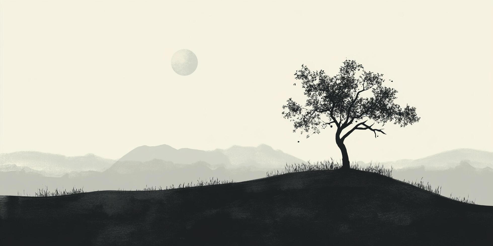 A solitary tree stands silhouetted against a mountain range under a soft moon, evoking a sense of calm and peaceful contemplation. photo