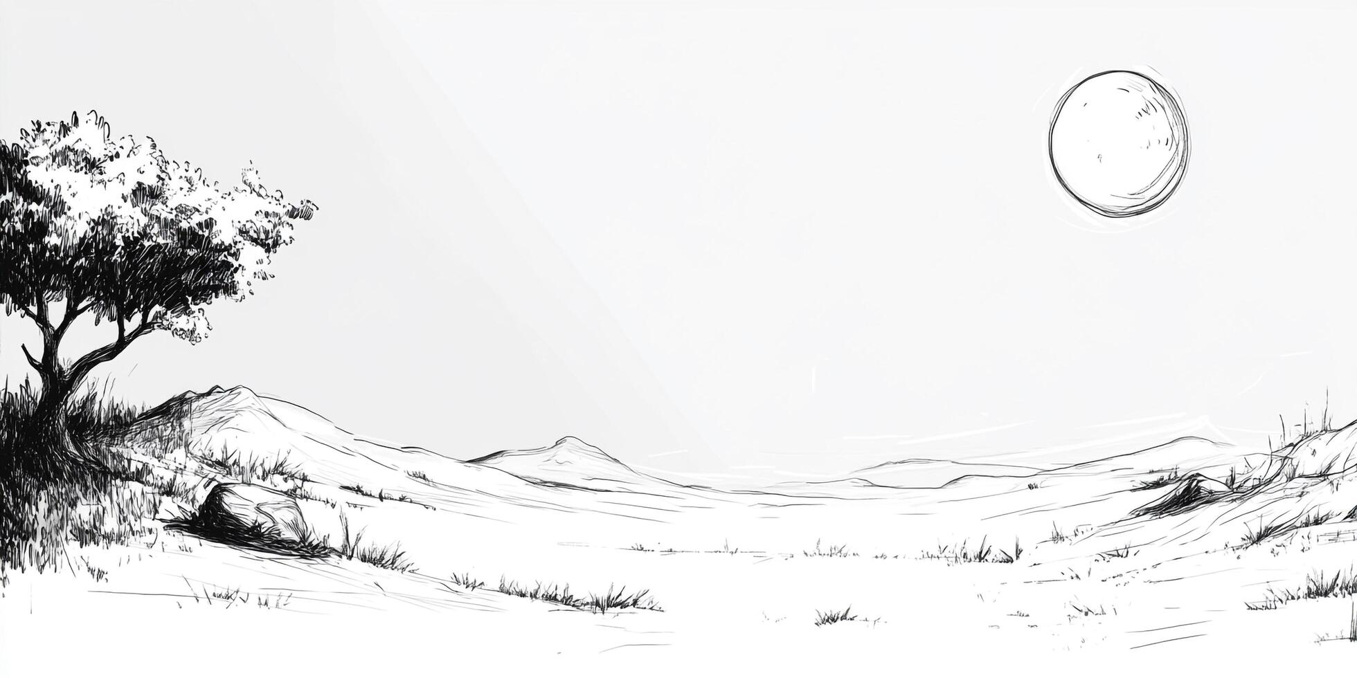 Monochromatic landscape with lone tree, rolling hills, and a distant sun, rendered in a sketch style evoking quiet solitude. photo