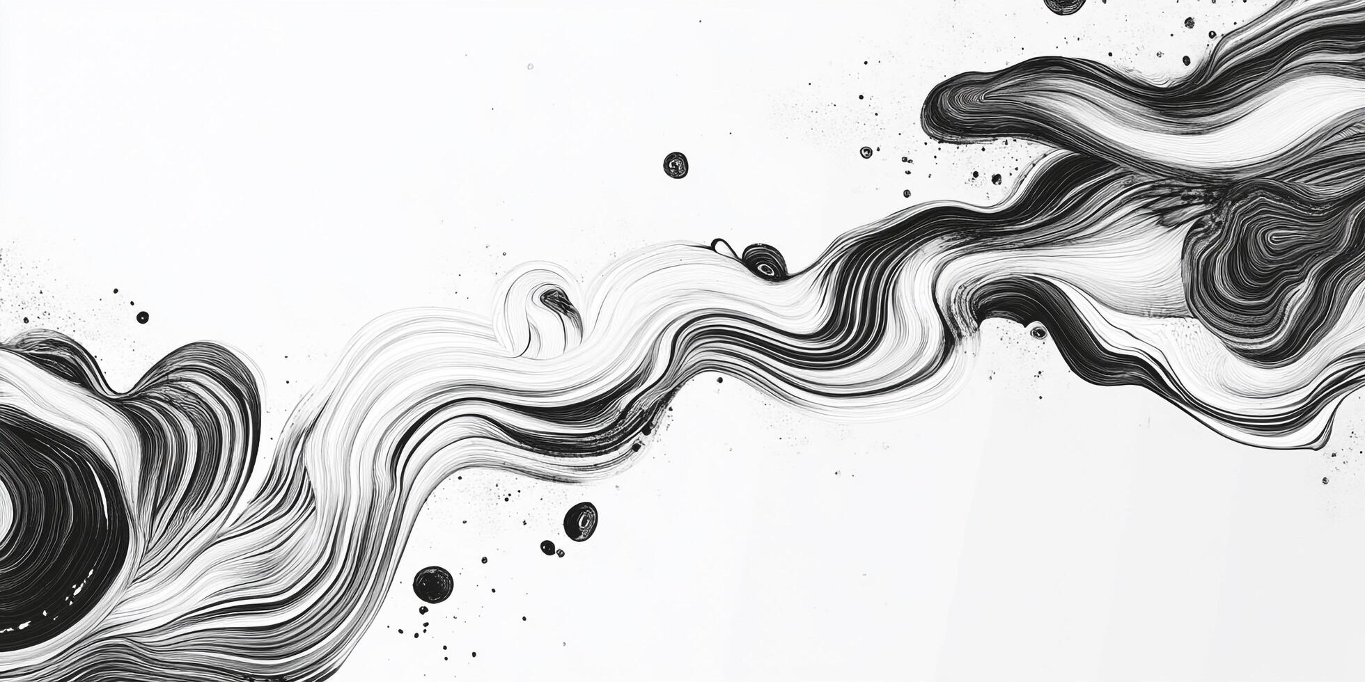 Monochromatic swirls, ink wash painting, abstract art, fluid design, modern black and white visual creation, ink strokes, and splatter style photo