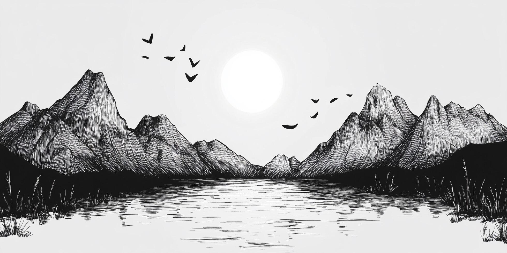 Serene mountain range reflected in calm waters, with birds flying in the sky above a scenic black-and-white landscape. photo