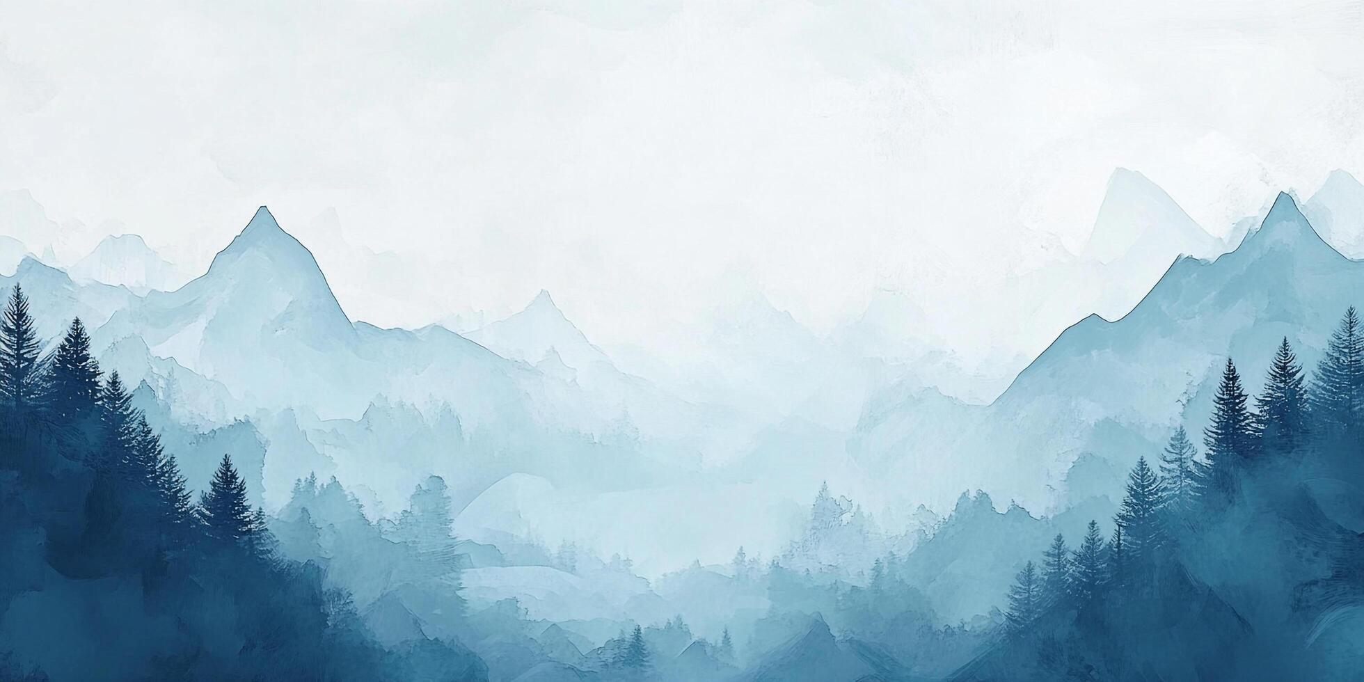 Watercolor painting of a misty mountain landscape. A scenic vista with layers of mountains and trees fading into the distance. photo