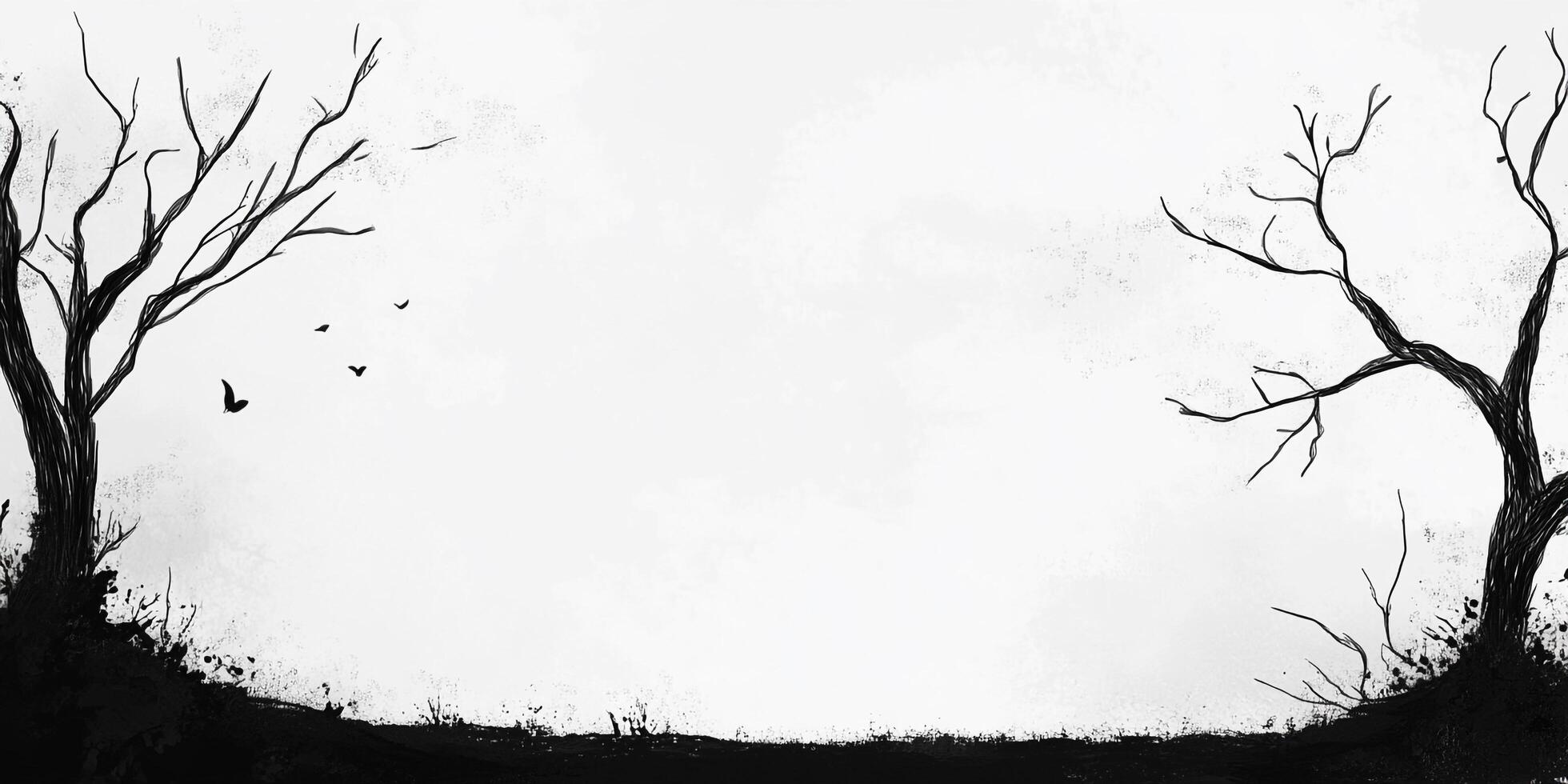 A minimalist black and white landscape with trees silhouetted against a bright sky, creating a stark and eerie atmosphere. photo