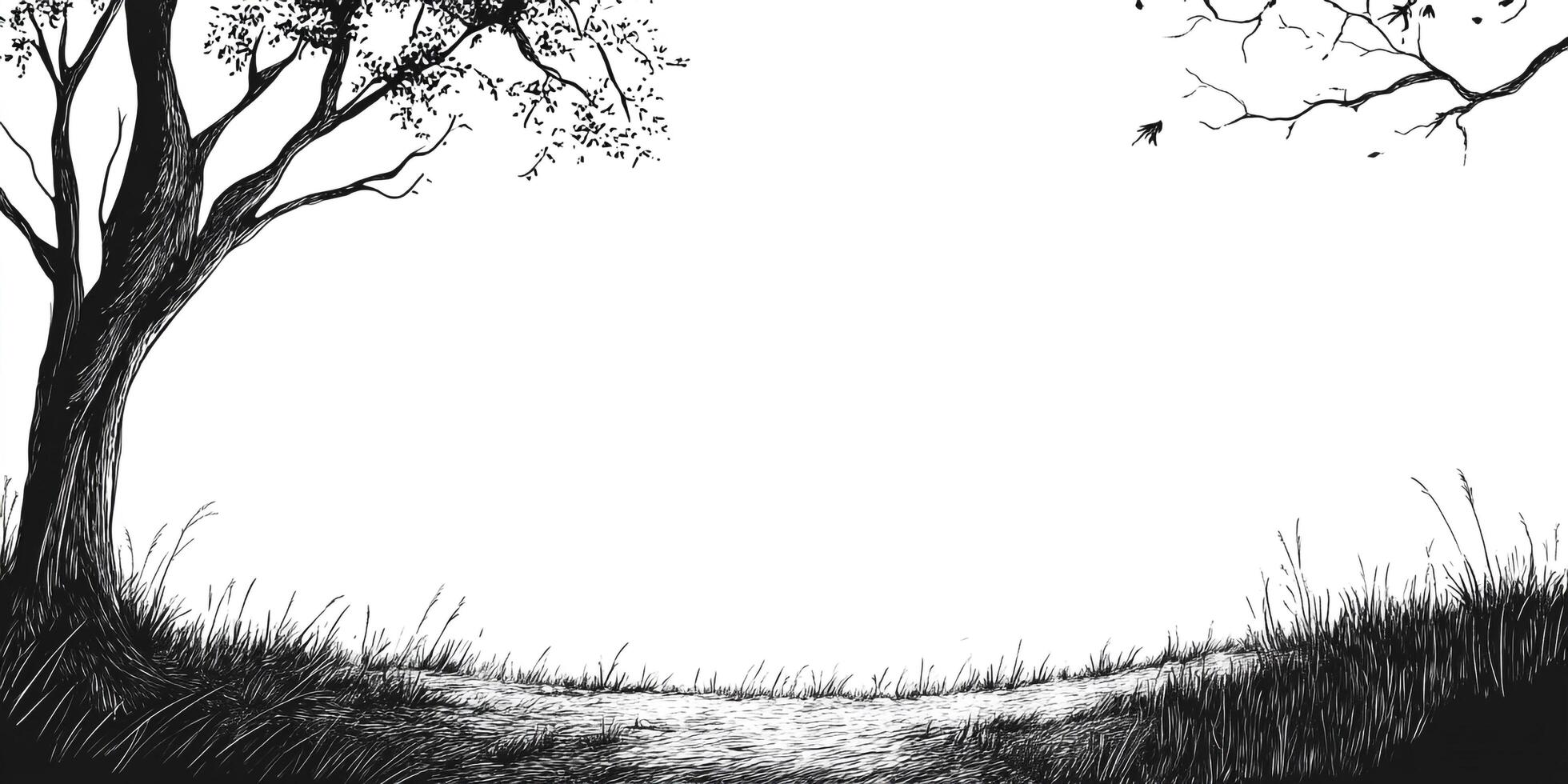 Monochrome landscape with a winding path through tall grass, shadowed by trees with delicate foliage, evoking a serene atmosphere. photo