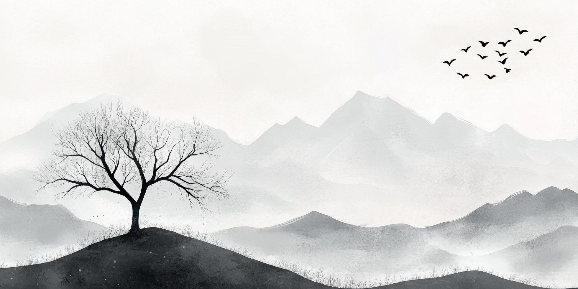 Serene monochrome landscape with a solitary tree silhouetted against misty mountains and birds in flight, evokes peace and tranquility. photo