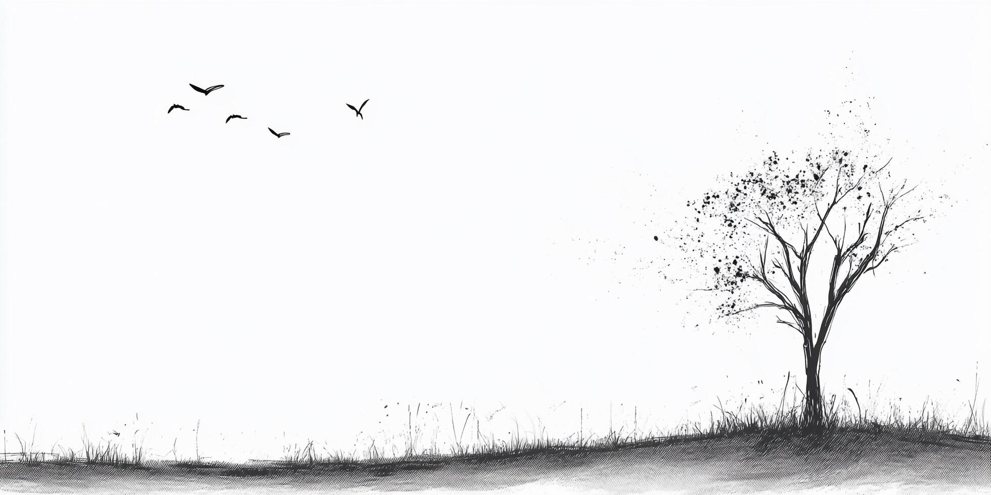 Monochrome landscape featuring a solitary tree silhouetted against a bright sky, with birds in flight, evoking a sense of freedom. photo