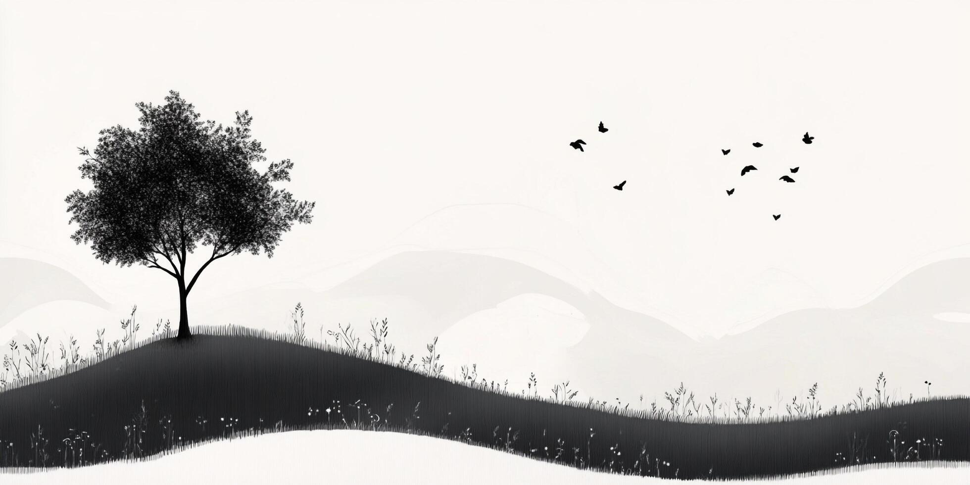 Serene monochrome scenery featuring a solitary tree atop a hill with birds in flight against soft mountain background. Calm nature art piece. photo