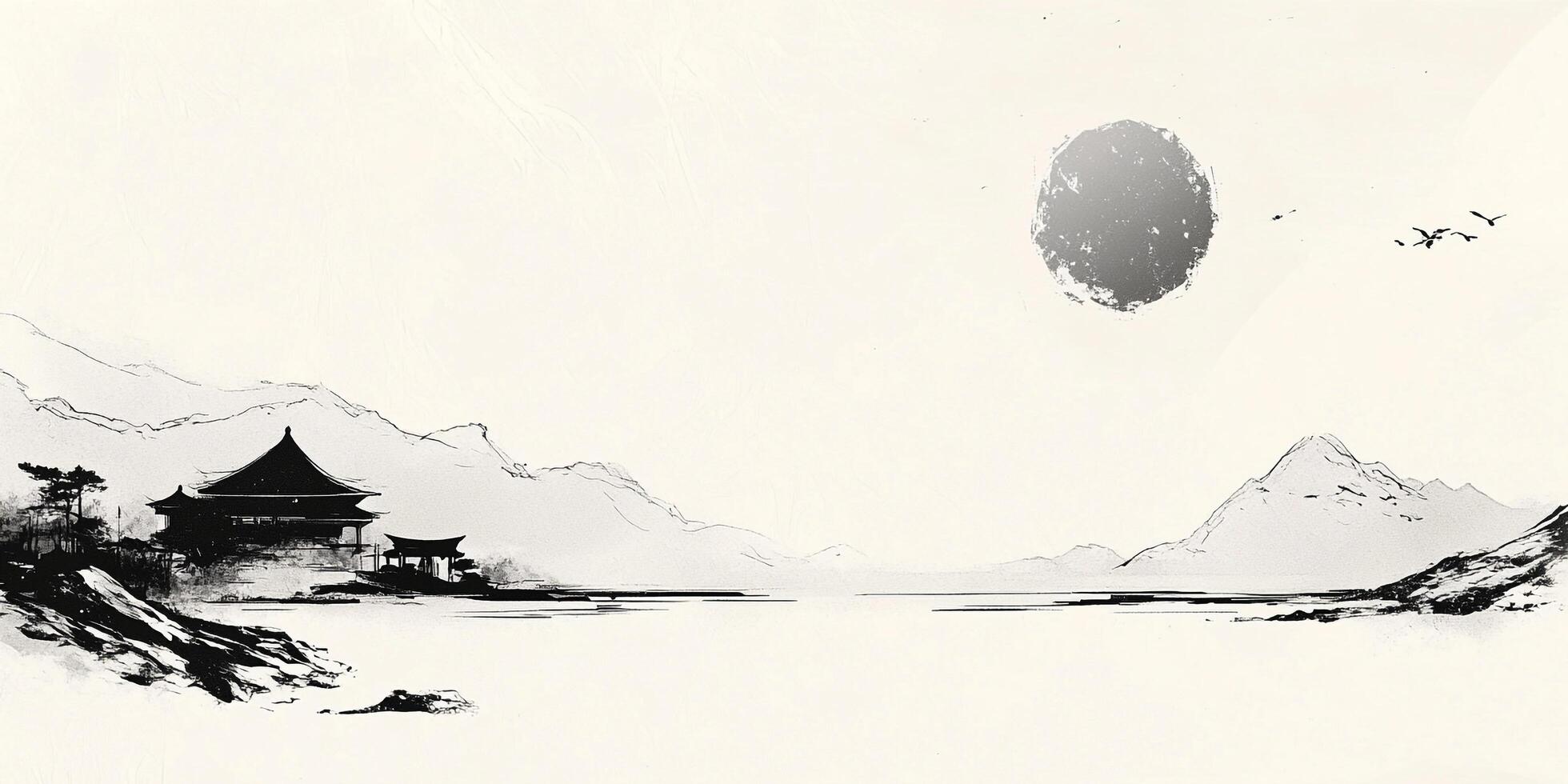 Serene landscape evokes peacefulness through minimalist brushstrokes, featuring mountains, water, and structures in monochromatic harmony. photo