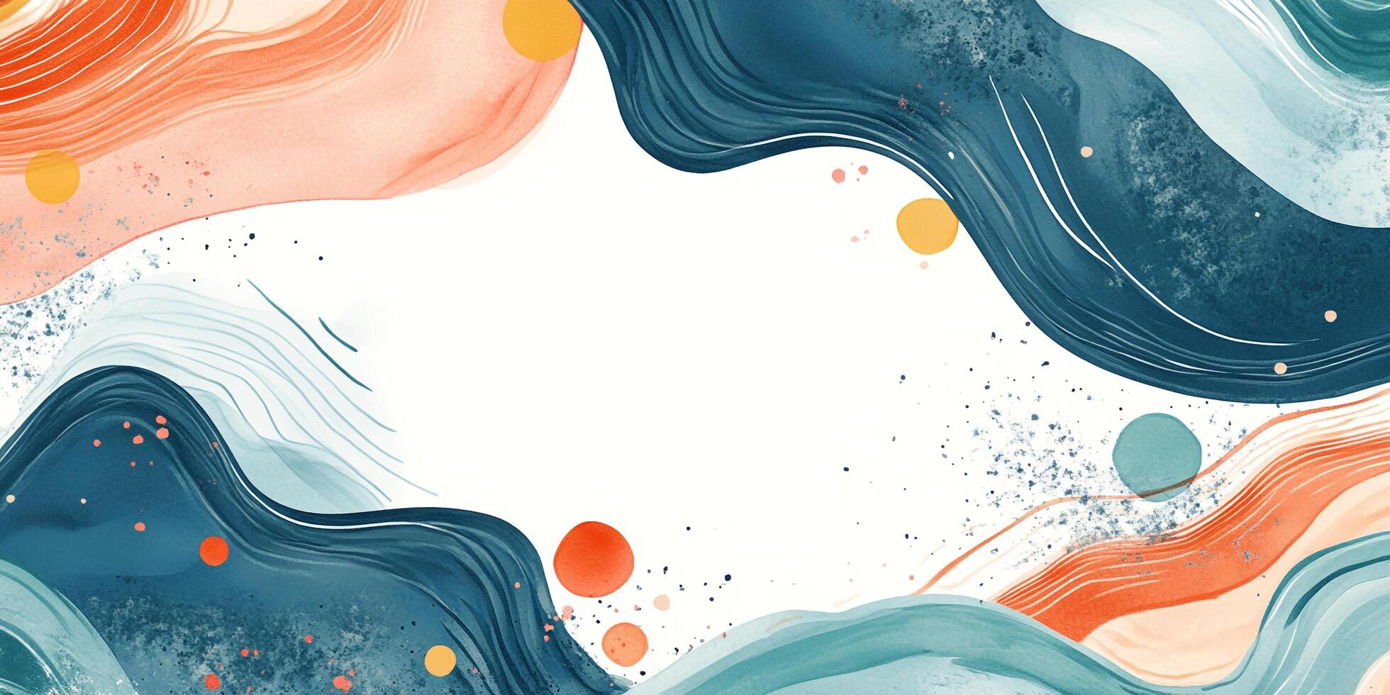 Abstract watercolor art featuring wavy lines and circles in shades of blue, orange, and yellow against a clean white backdrop, simple design. photo
