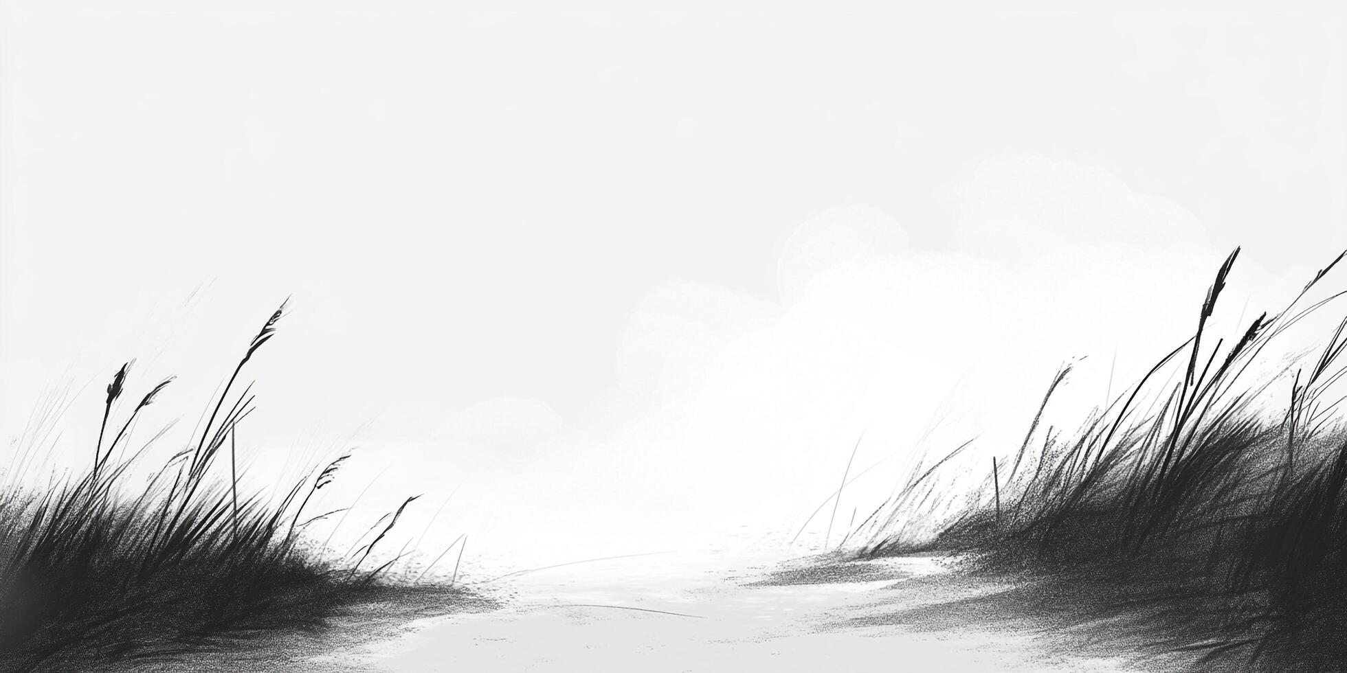 Minimalist monochrome landscape featuring tall grass silhouetted against a bright, almost ethereal sky. Serene and calming scene. photo