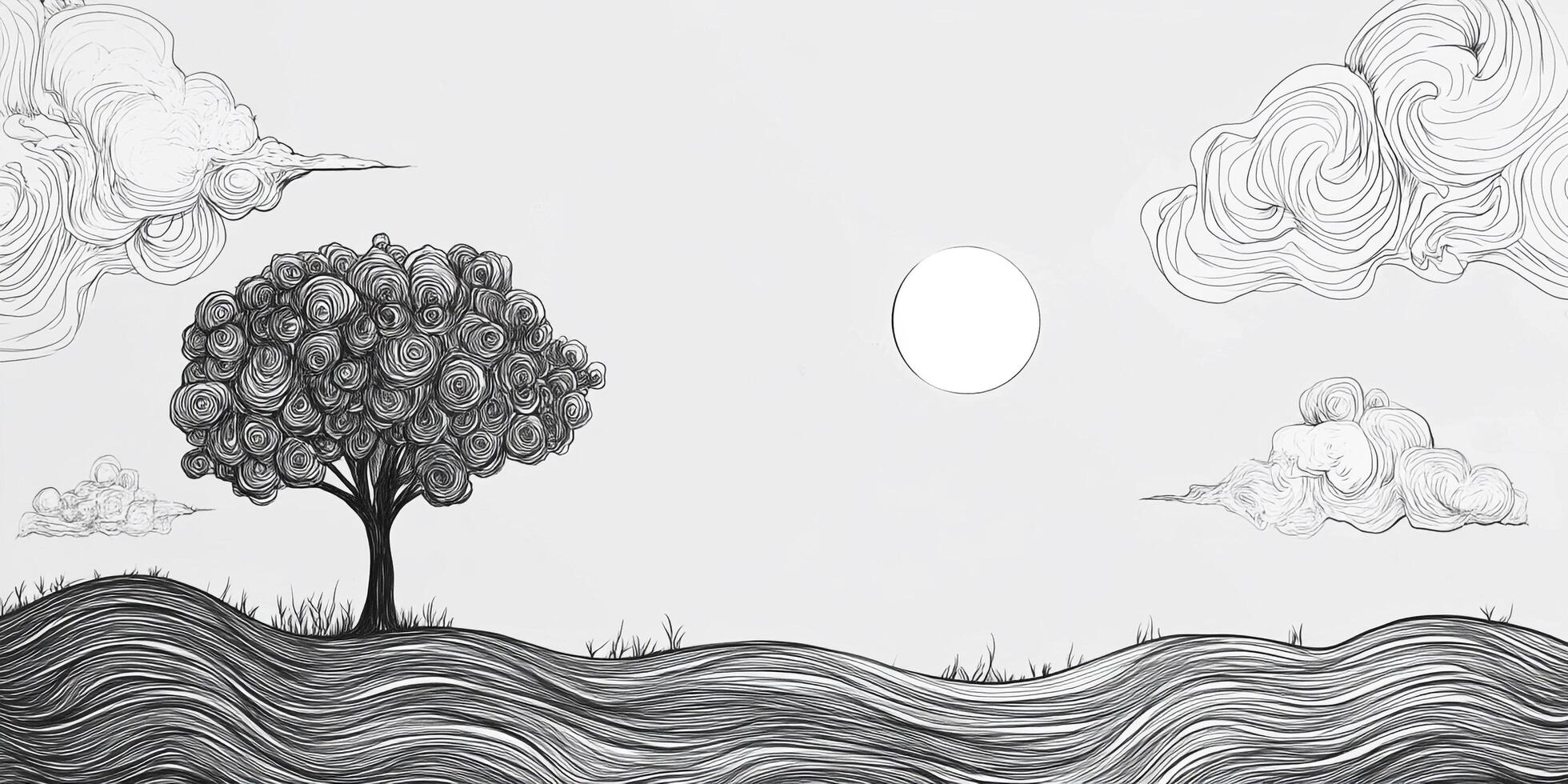 Stylized landscape with a whimsical tree, undulating ground, and swirling clouds under a serene sky with a bright circular moon. photo