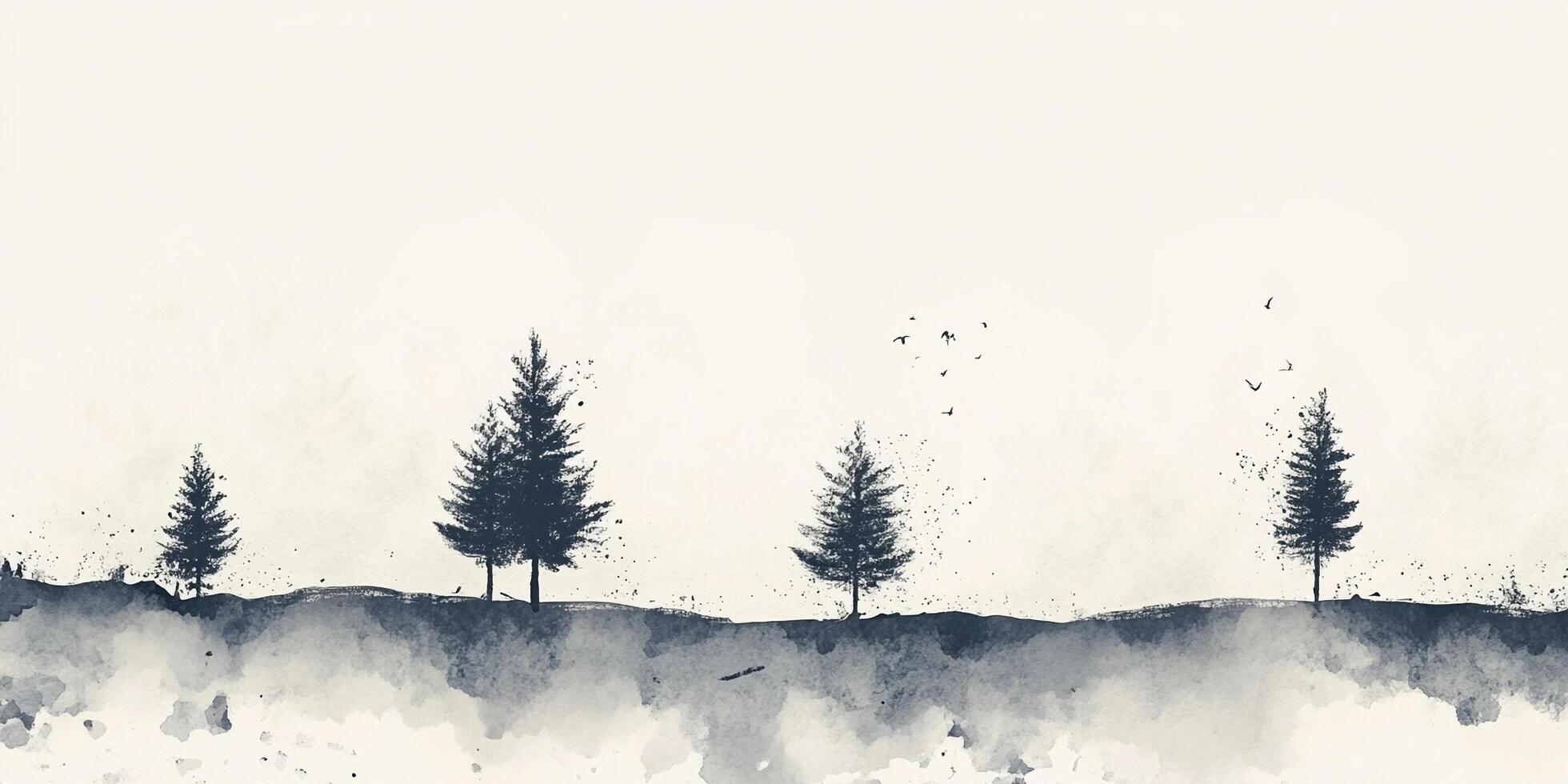 Sparse trees punctuate a monochrome horizon, evoking tranquility through artistic simplicity and understated natural beauty. photo