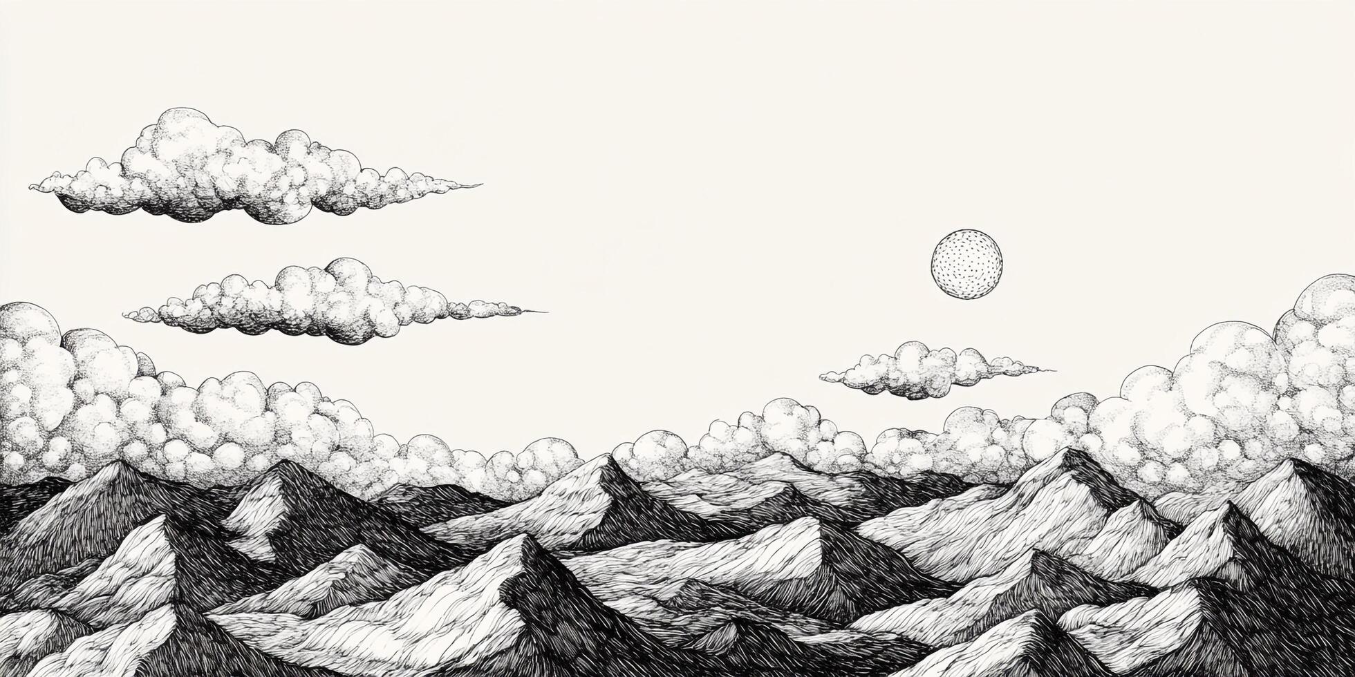 Pen and ink drawing of a mountain range under a sky filled with clouds and a bright sun, evocative of a peaceful, natural landscape. photo