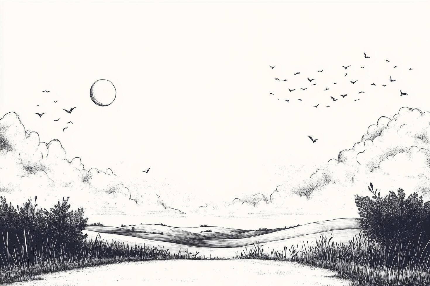 Peaceful landscape scene with moon, clouds, birds, and a path leading into the distance in pen and ink drawing style. photo