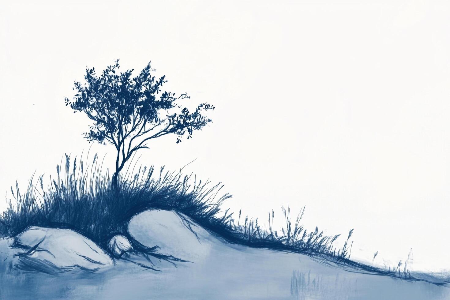 Solitary tree illustration standing on a rock covered in grass. The sky is white giving this a calming and tranquil feel. photo