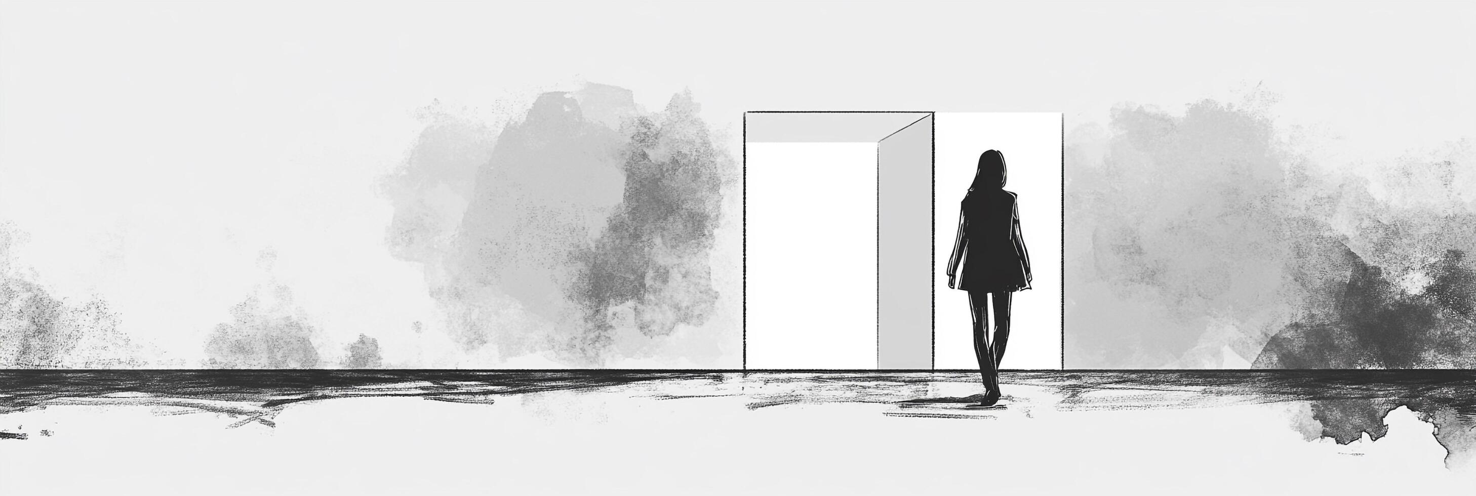 Woman walking through a doorway, stylized monochromatic image, towards an unknown destination, leaving shadows behind. photo