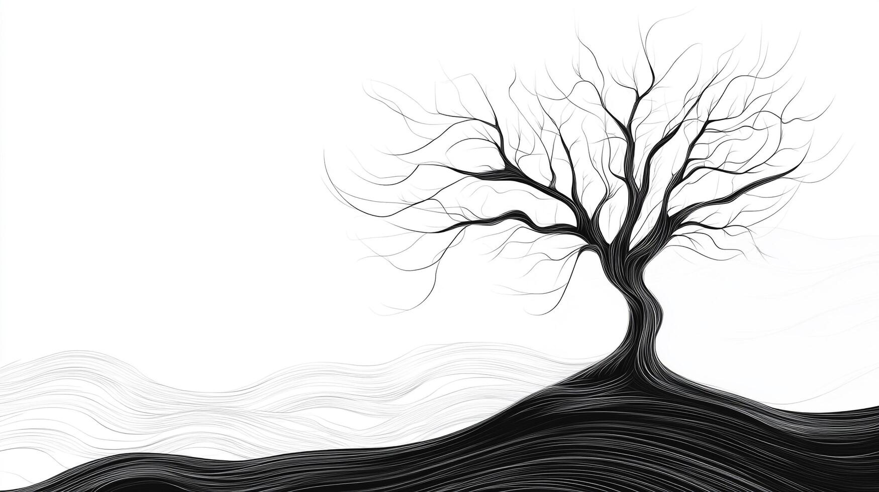 Stylized monochrome image of a bare tree with roots transforming into wave patterns against a clean white backdrop, creating stark contrast. photo